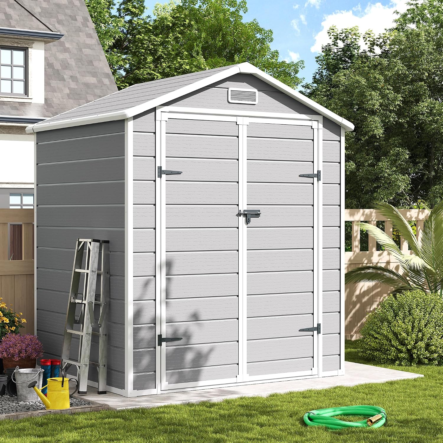Amopatio Outdoor Storage Shed with Floor, 6x4.5 FT Plastic Shed with Ventilation, Waterproof Resin Garden Sheds for Backyard,Patio,Lawn White Grey