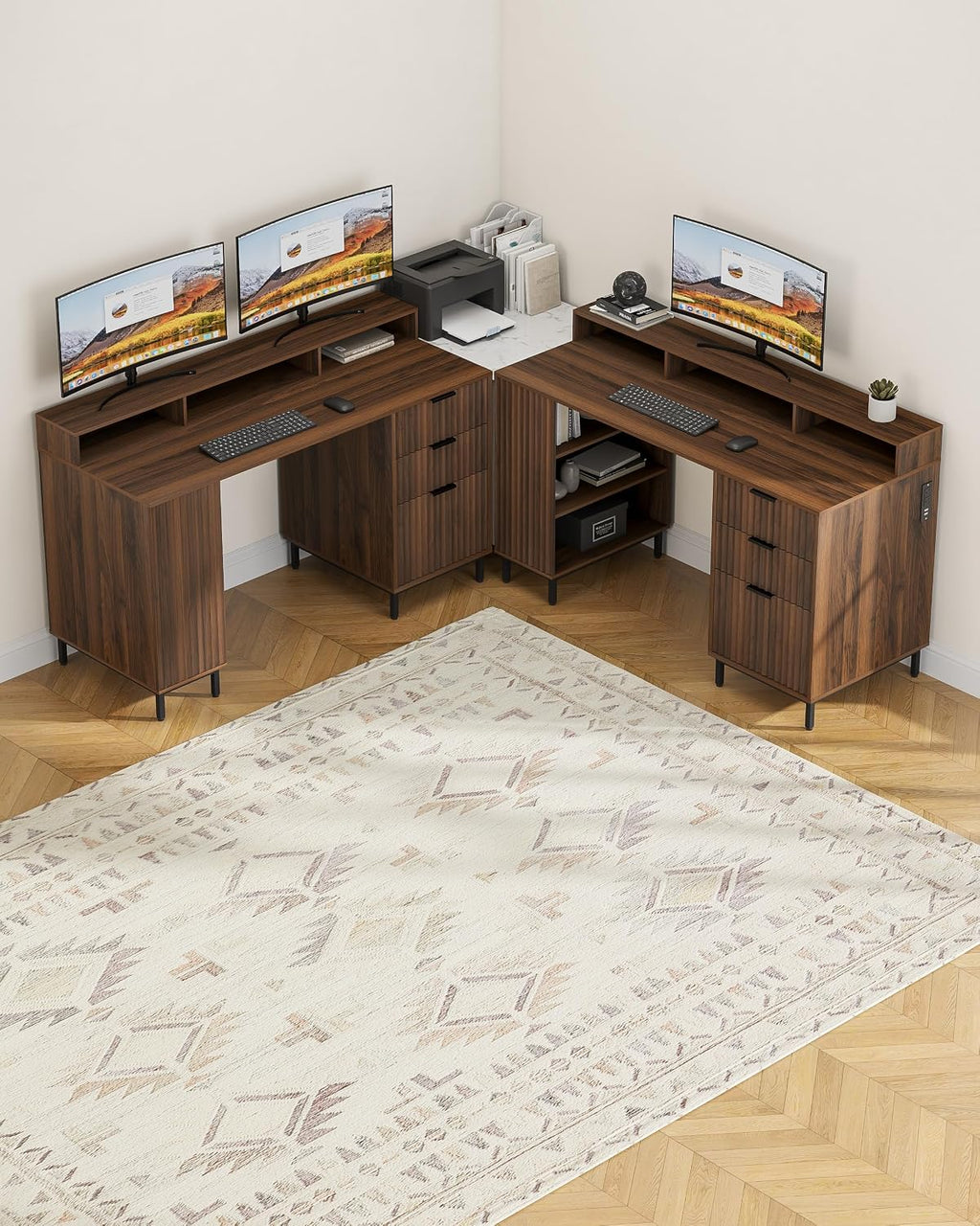 55'' Fluted Executive Desk with Drawers, Modern Home Office Computer Desk with Charging Station, File Drawer, Monitor Stand, Storage Shelf for Work Writing Study, Brown