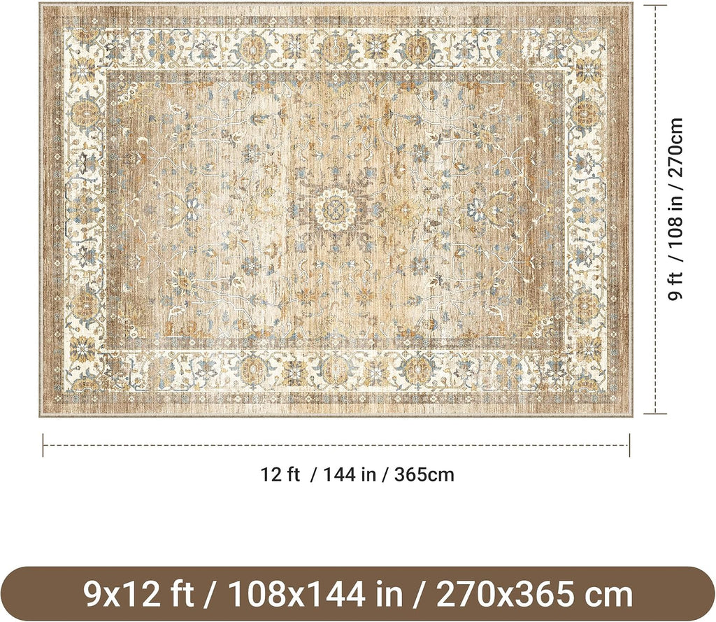 befbee 9x12 Area Rug,Ultra-Thin Washable Rugs for Living Room,Non-Slip Lightweight Foldable Area Rug,Stain Resistant Vintage Large Rugs (Apricot/Blue, 9'x12')