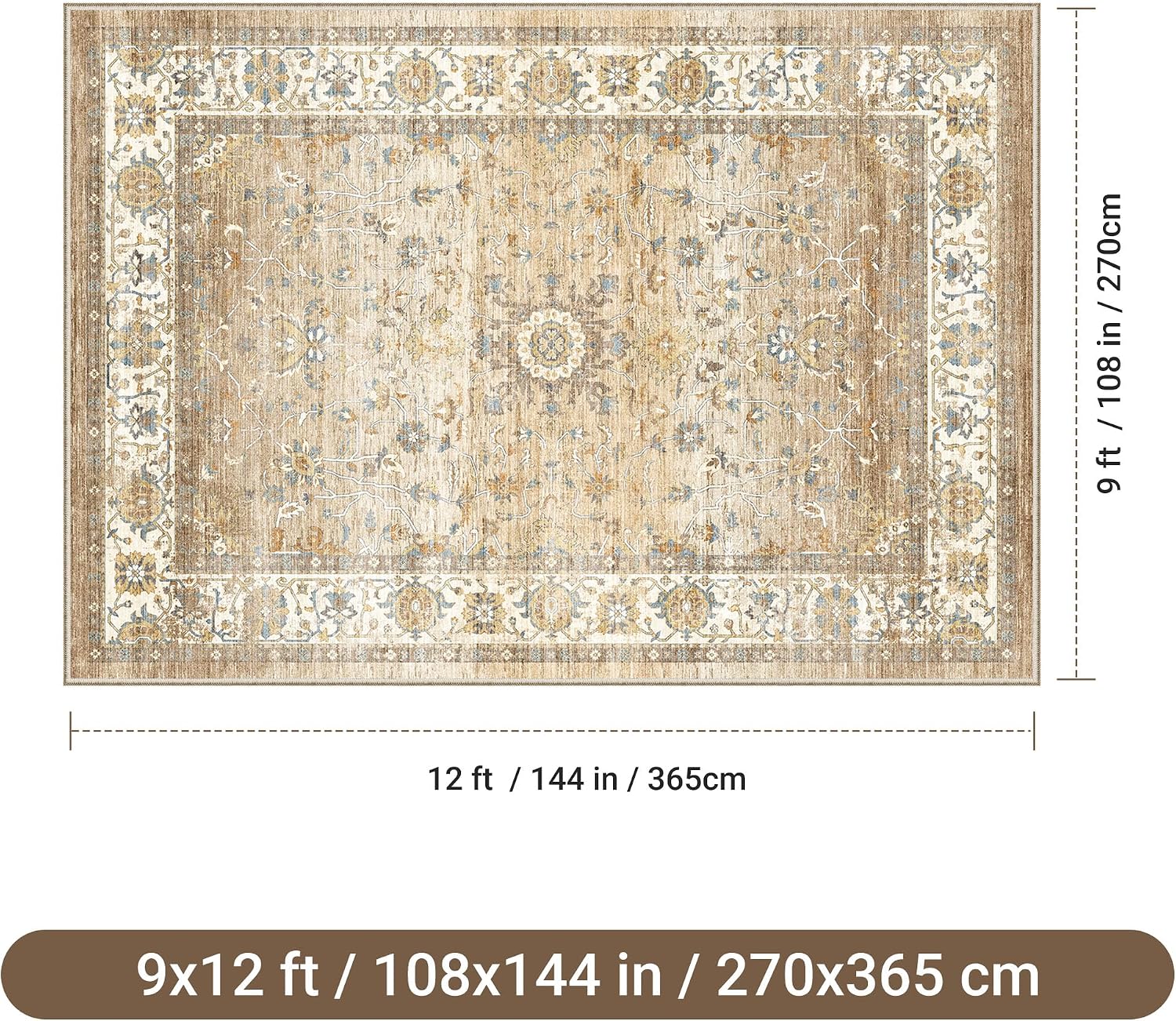 befbee 9x12 Area Rug,Ultra-Thin Washable Rugs for Living Room,Non-Slip Lightweight Foldable Area Rug,Stain Resistant Vintage Large Rugs (Apricot/Blue, 9'x12')