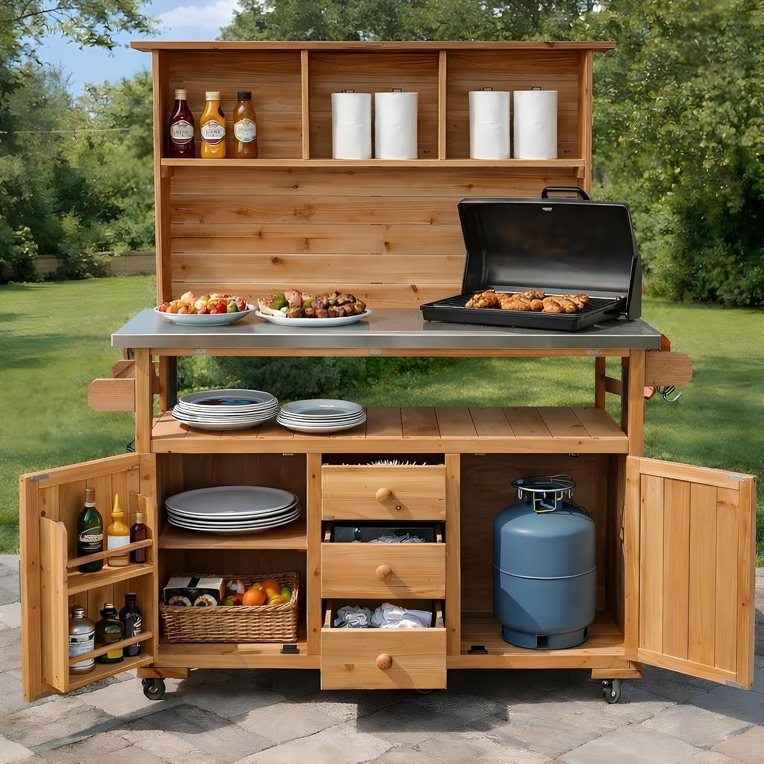 65''H Large Garden Potting Bench, Solid Fir Wood Outdoor Kitchen Island with Lockable Wheels, Stainless Steel top, Drawers, Shelf and Cabinets, Door Shelves and Hutch for Grilling (Natural-113)