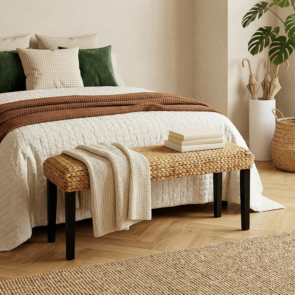 Entryway Bench with Solid Wood Acacia, 47' End of Bed Bench for Bedroom, Water Hyacinth Indoor Bench Seat, Boho Woven Bench for Living Room, Wicker Bench for Hallway or Kitchen, Wood Bench (Black Leg)