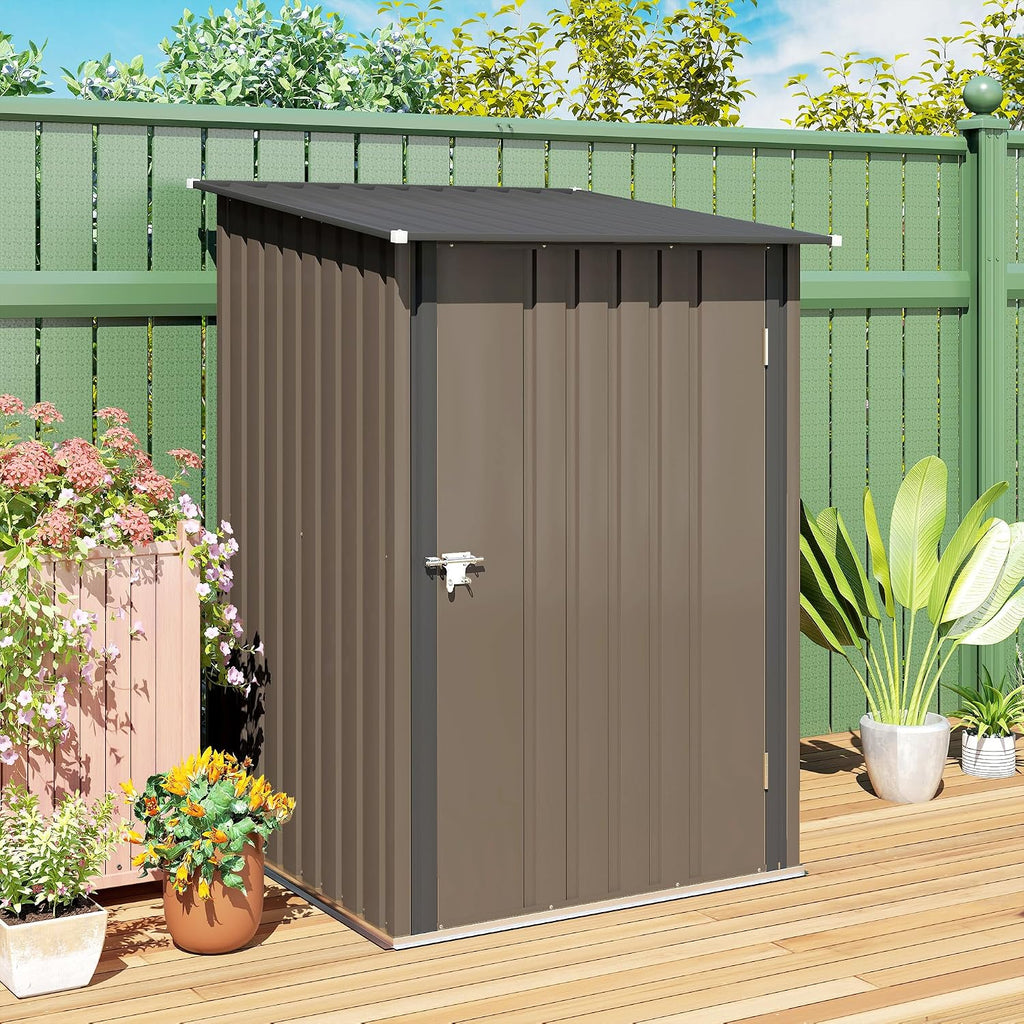 Outsunny 3.3' x 3.4' Outdoor Storage Shed, Metal Garden Tool House with Sloping Roof and Lockable Door for Backyard, Bike, Patio, Garage, Lawn, Brown