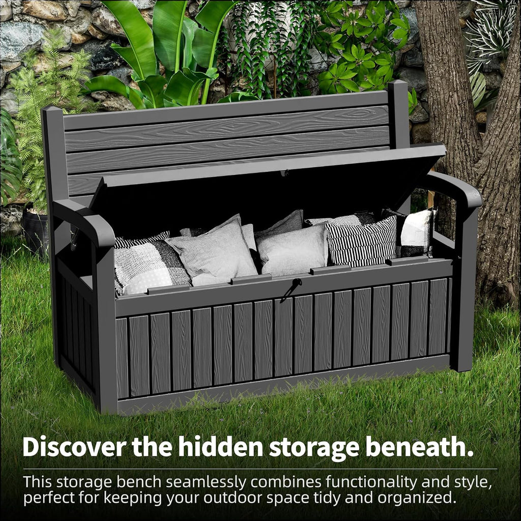 PatioZen 80 Gallon Outdoor Storage Bench Deck Box Waterproof Lockable,Outdoor Storage Furniture for Patio,Garden and Porch,Tools and Cushions（ Black Stripe）