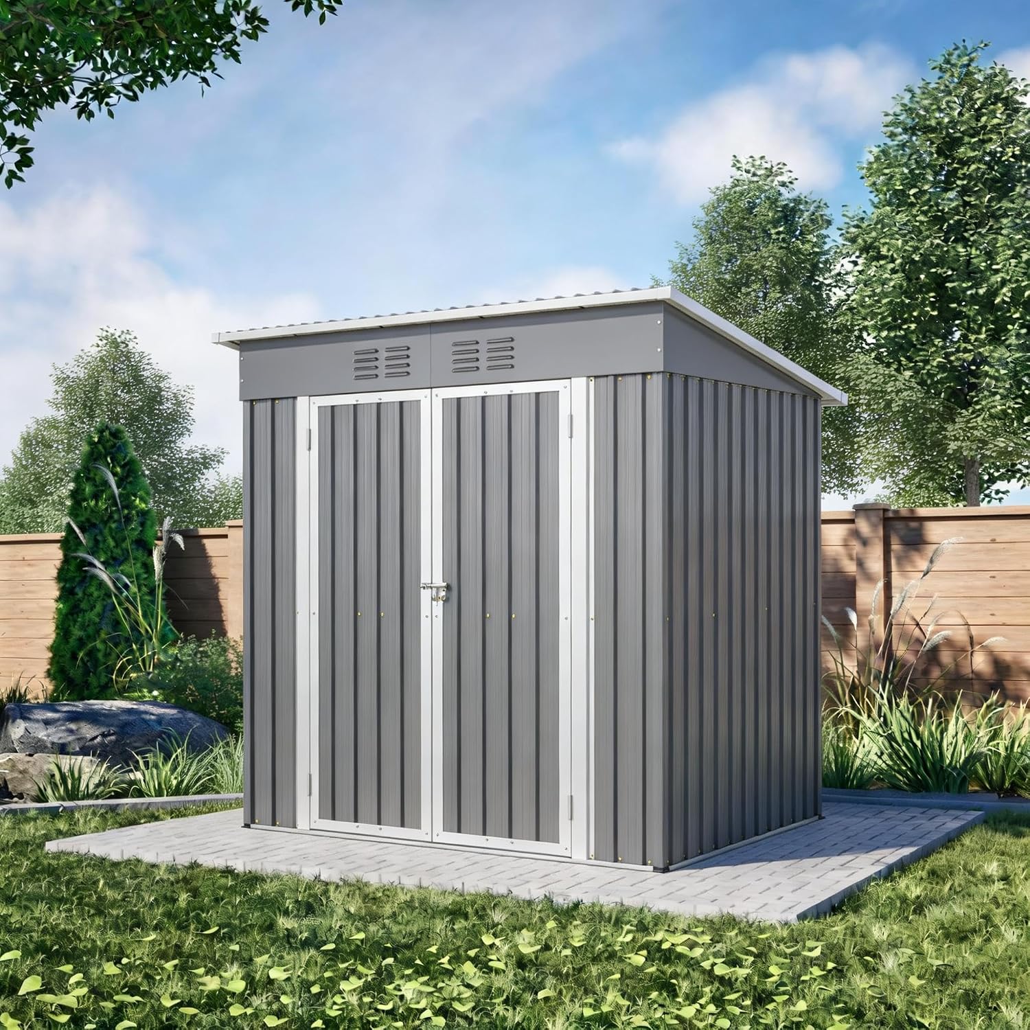 6X4 FT Outdoor Storage Shed, Waterproof Metal Garden Sheds with Lockable Door, Steel Tool Storage Buildings Shed & Outdoor Storage House for Garden, Backyard, Patio, Lawn, Trash Cans(Grey)