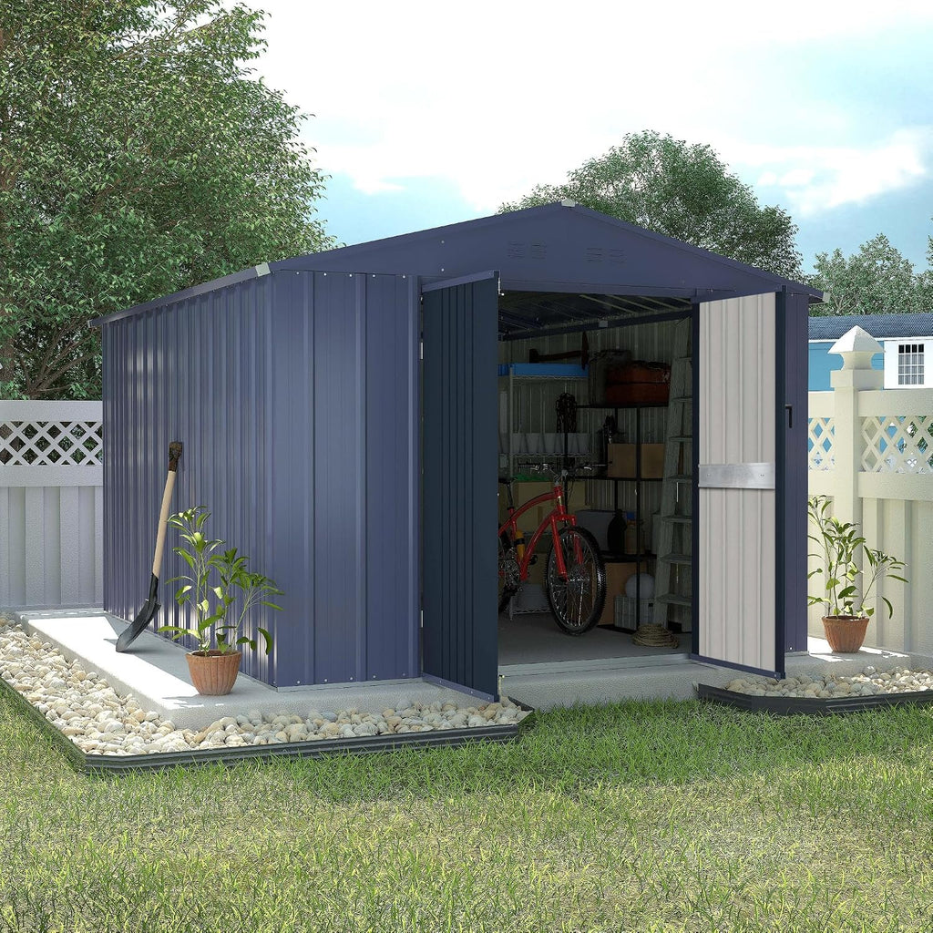 MUPATER 8ft x10 ft Outdoor Storage Shed, Patio Metal Storage Shed Kit with Lockable Doors & Vents, Garden Tools Storage House Galvanized Steel for Backyard, Lawn, Grey