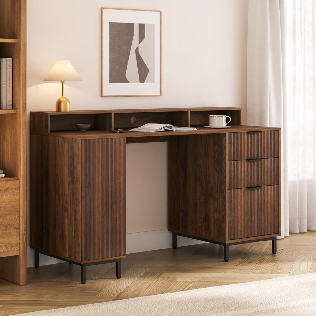 EYYTHUNG Brown Fluted Executive Desk with Storage Shelf & File Drawer, 55' Modern Wood Office Desk with Monitor Stand & Charging Station, Home Writing Computer Table for Work Study