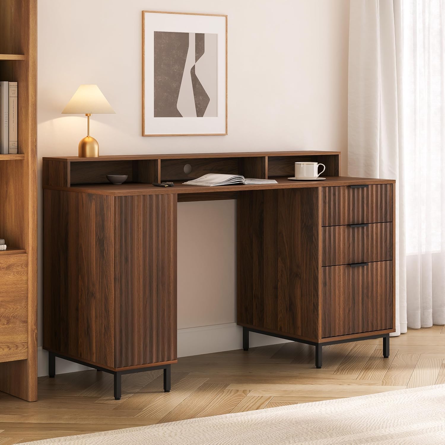 EYYTHUNG Brown Fluted Executive Desk with Storage Shelf & File Drawer, 55' Modern Wood Office Desk with Monitor Stand & Charging Station, Home Writing Computer Table for Work Study