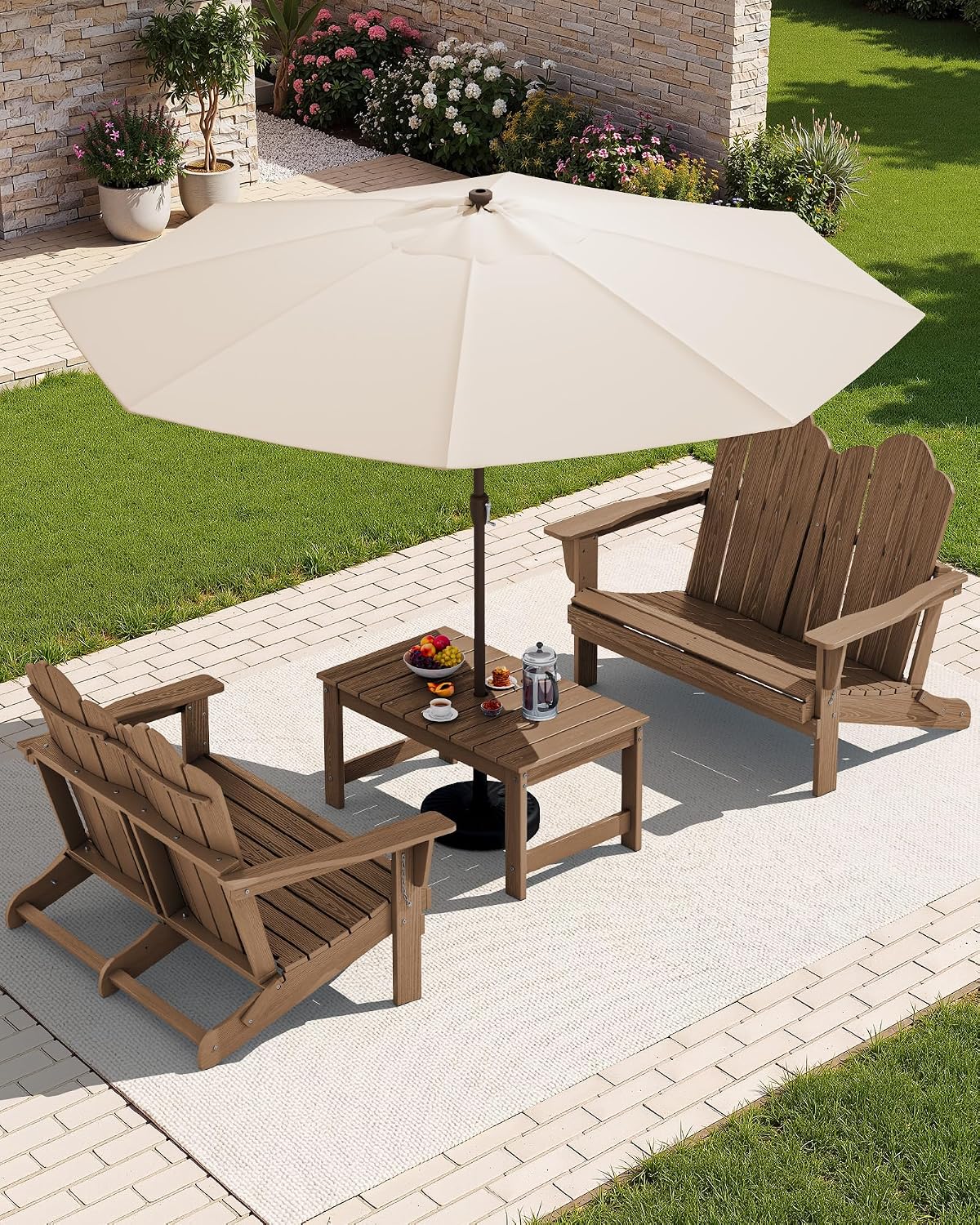 SERWALL 3 Pieces Patio Adirondack Bench Set, 2 Folding Adirondack Bench & 1 Coffee Table with Umbrella Hole Set for Front Porch Garden Balcony Backyard, Brown