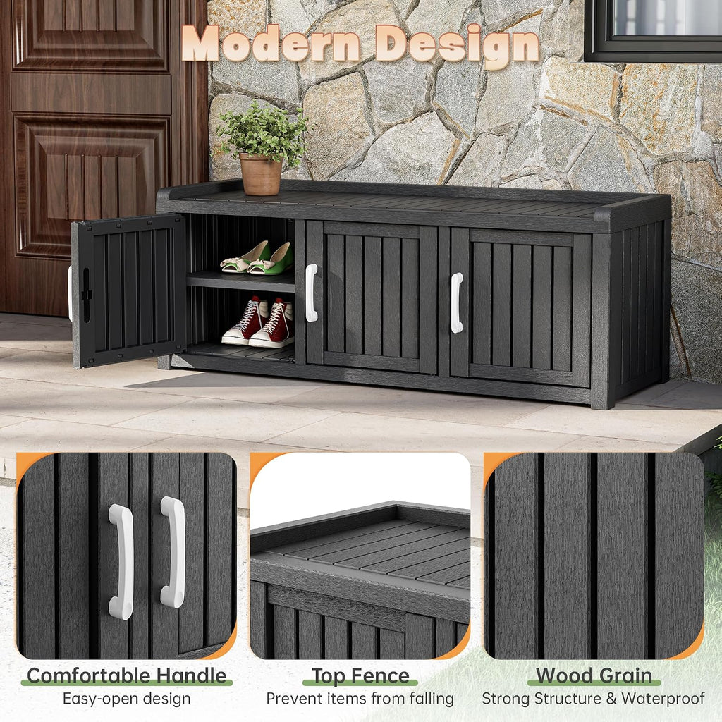 Bifanuo Shoe Storage Cabinet, 3 Door Outdoor Storage Bench with Adjustable Shelves, Waterproof UV-Resistant for Hallway, Living Room, Entryway, Large Capacity Modern Organizer (Black)