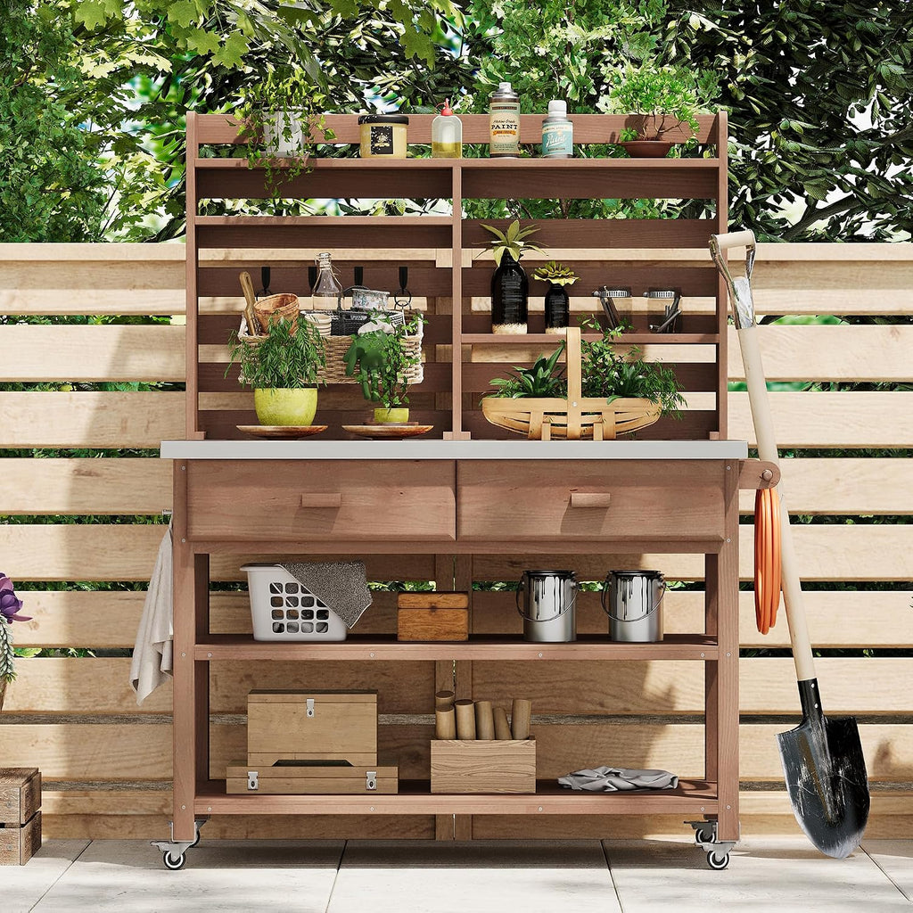 64.9'H Outdoor Potting Bench Table, Outdoor Wood Workstation Table with Lockable Wheels, Stainless Steel Top, Towel Rack, Solid Wood Outdoor Kitchen Island with Upper Hutch for Grilling, Lawn Garden