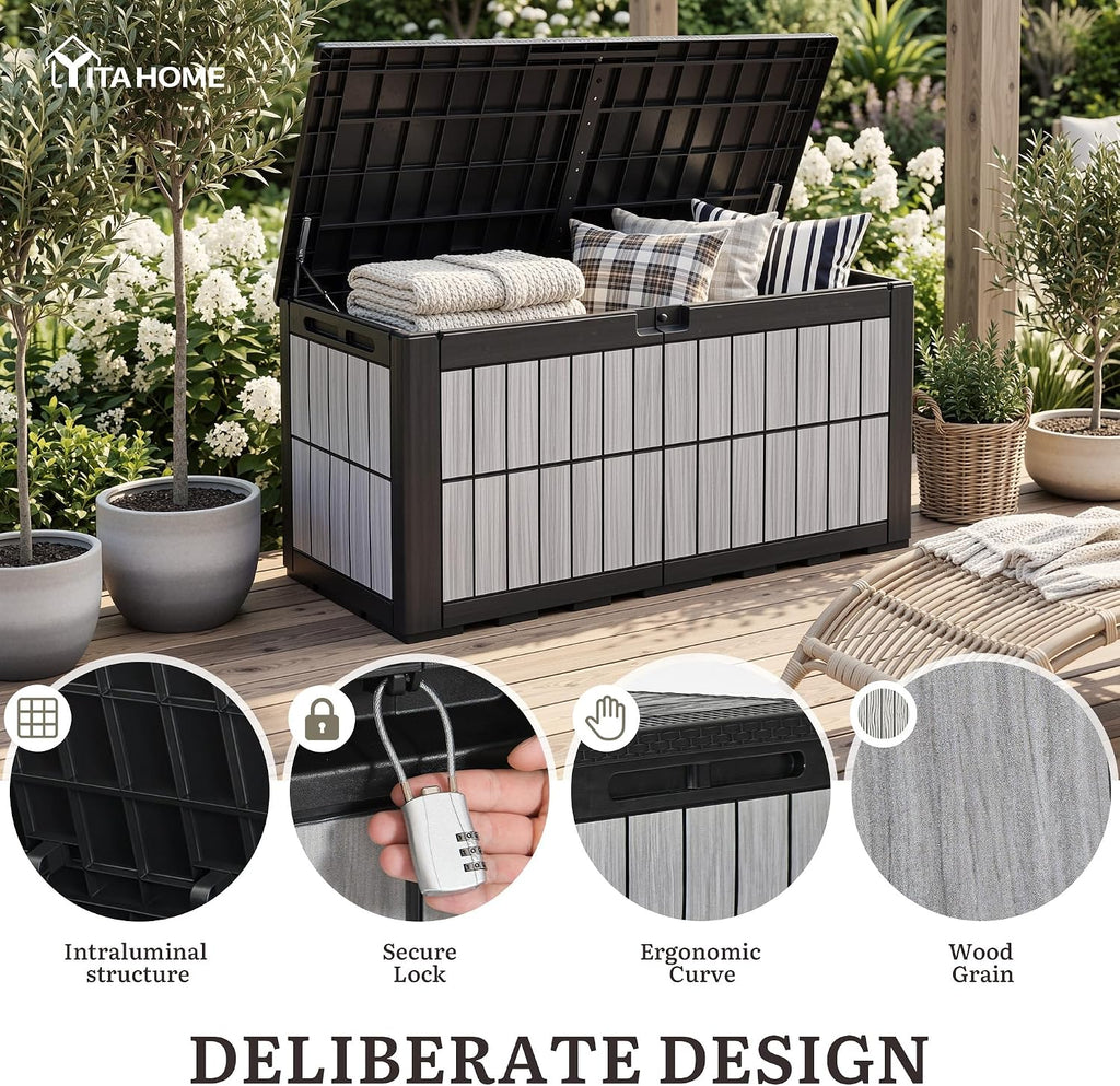 YITAHOME 134 Gallon Large Deck Box, Waterproof Resin Outdoor Storage Box with Lock, Doubles as Bench Seating for Patio Furniture Cushions,Garden Tools & Pool Accessories, Black & Wood-Grain Gray