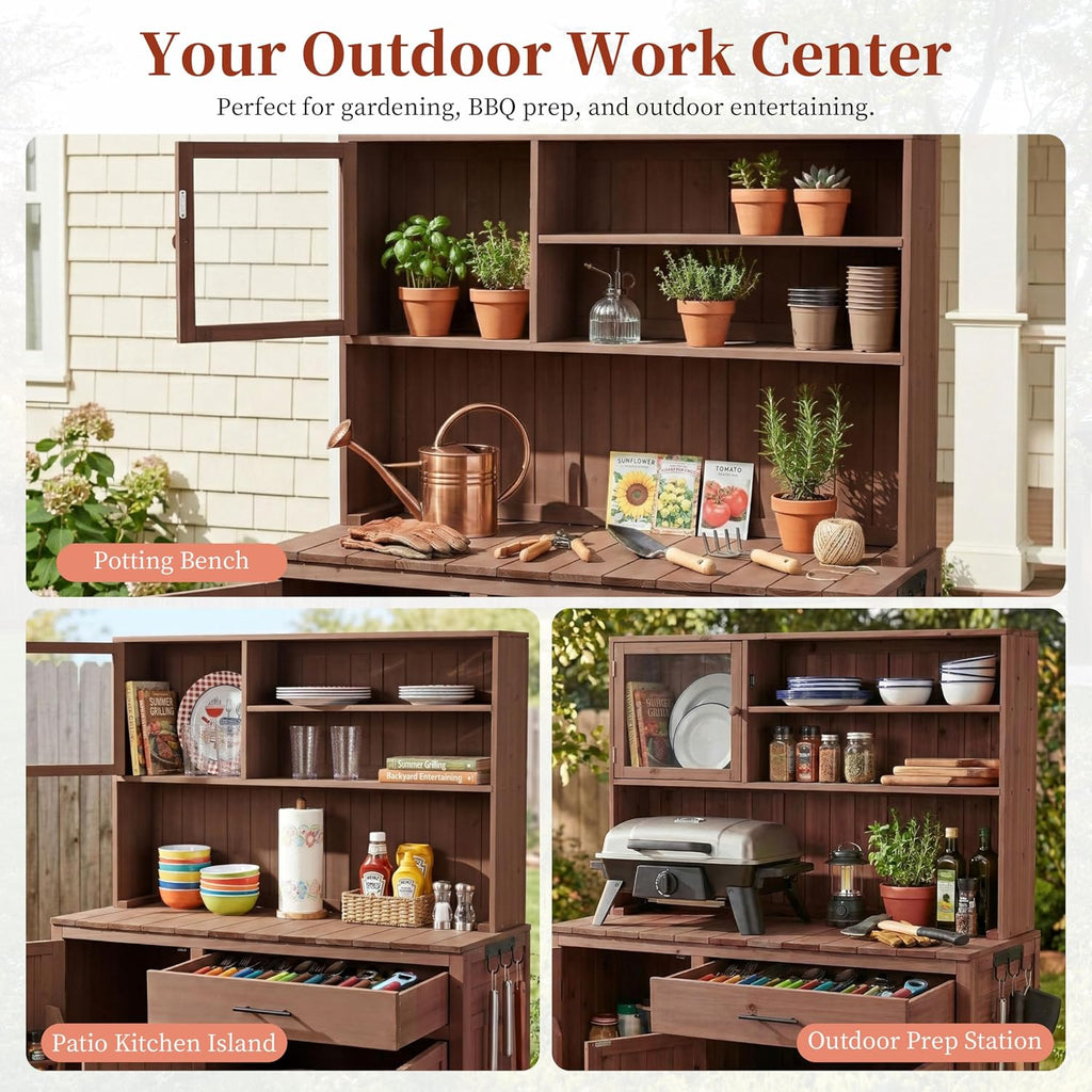 65' H Potting Bench with Hutch, Solid Fir Wood Patio Kitchen Island with Adjustable Shelves, 2-Tier Inner Spice Rack in Door, Side Hook and Drawer, Large Countertop, Magnetic Stoppers (Brown-115)