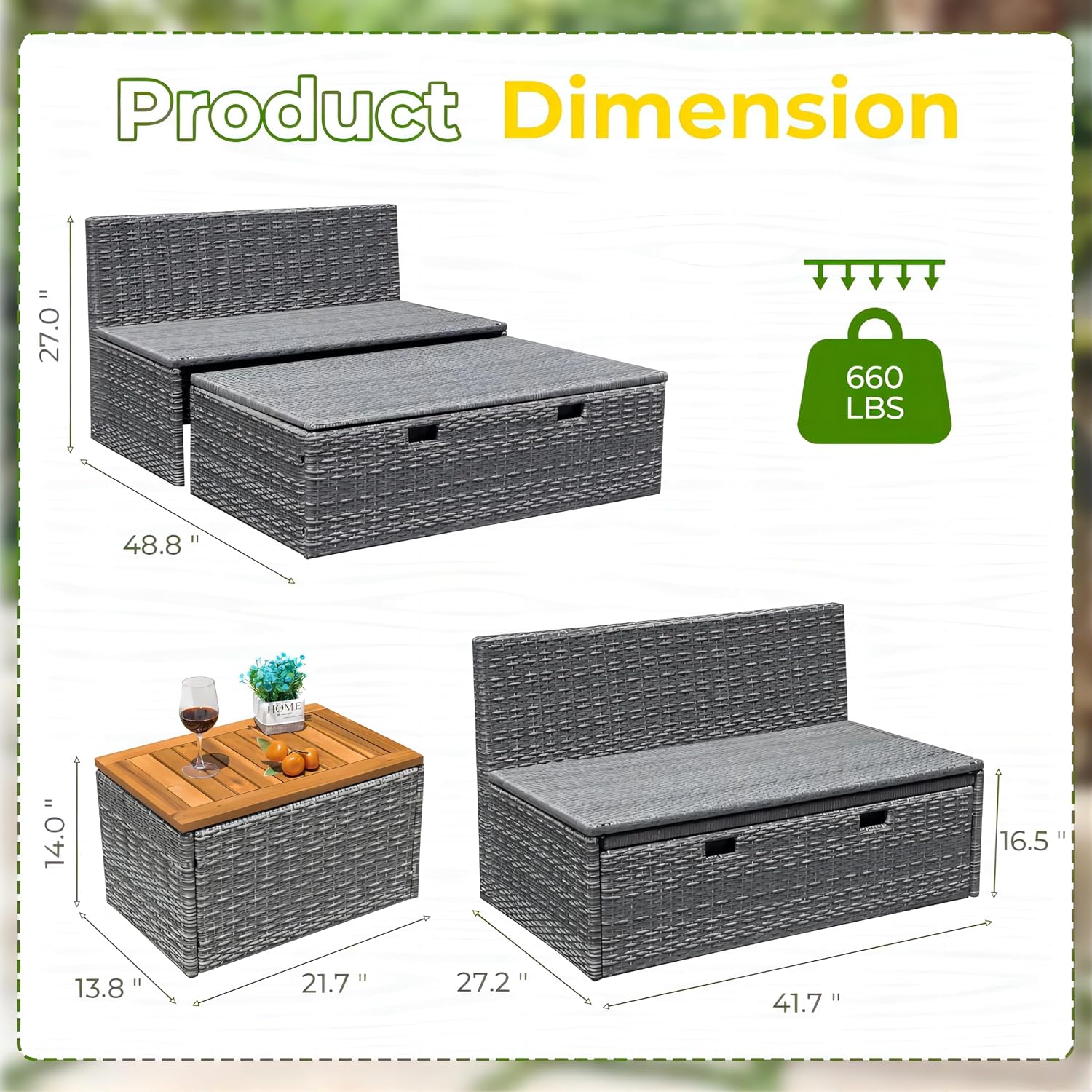 Greesum Outdoor Daybed Set Multifunctional Wicker Lounge Bed Furniture with Two Side Tables, Cushions, Storage Bench for Porch Lawn Patio Beach, OneSize, White