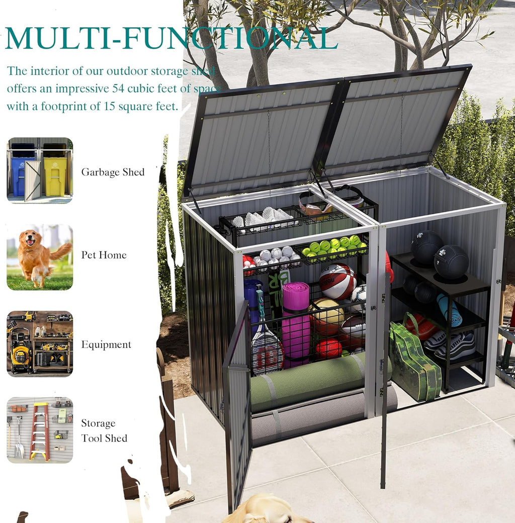 KEIKI 54 Cu.Ft Outdoor Trash Can Storage Shed for 2 Bins, Galvanized Metal Garbage Bin Enclosure with Hydraulic Lid & Dual Chain Design, Weather-Resistant, Dark Gray