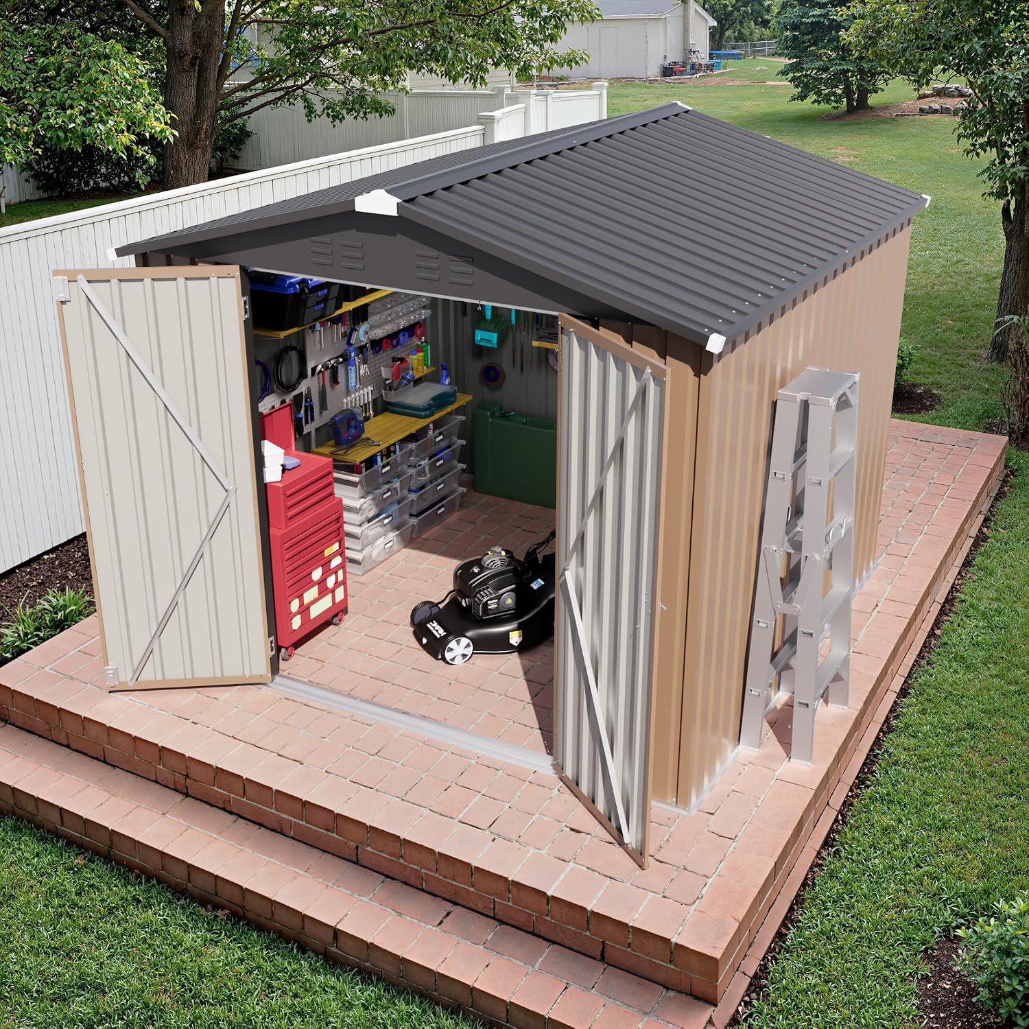 JUMMICO 8x8 FT Outdoor Storage Shed, Heavy Duty Tool Metal Sheds with Lockable Doors and Updated Frame Structure for Backyard Patio Lawn, Brown