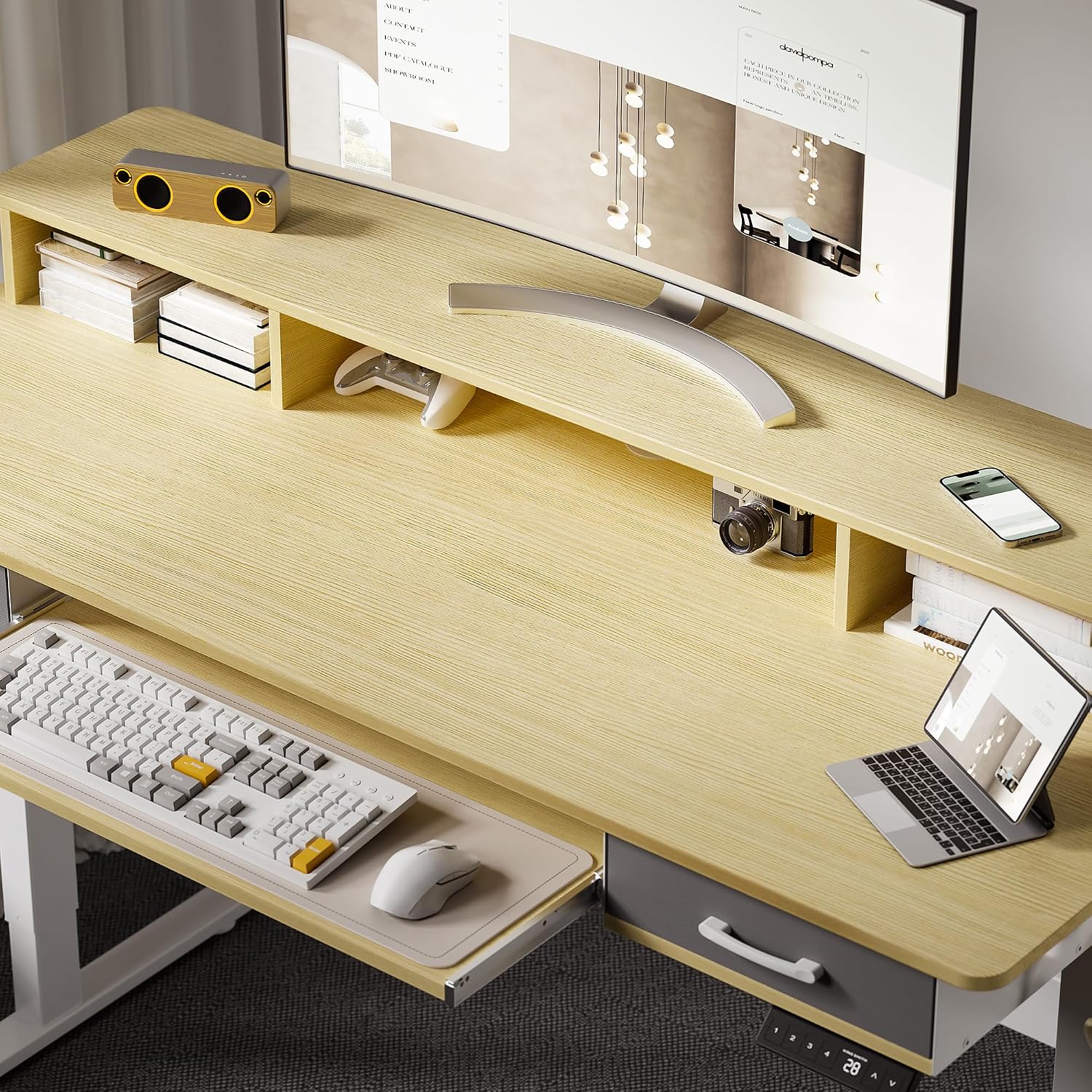 WALKINGDESK 55 Inches Electric Standing Desk with Keyboard Tray, Height Adjustable Sit to Stand Table with 2 Drawers, Ergonomic Home Office Desk with Storage Shelf, Computer Table, Oak