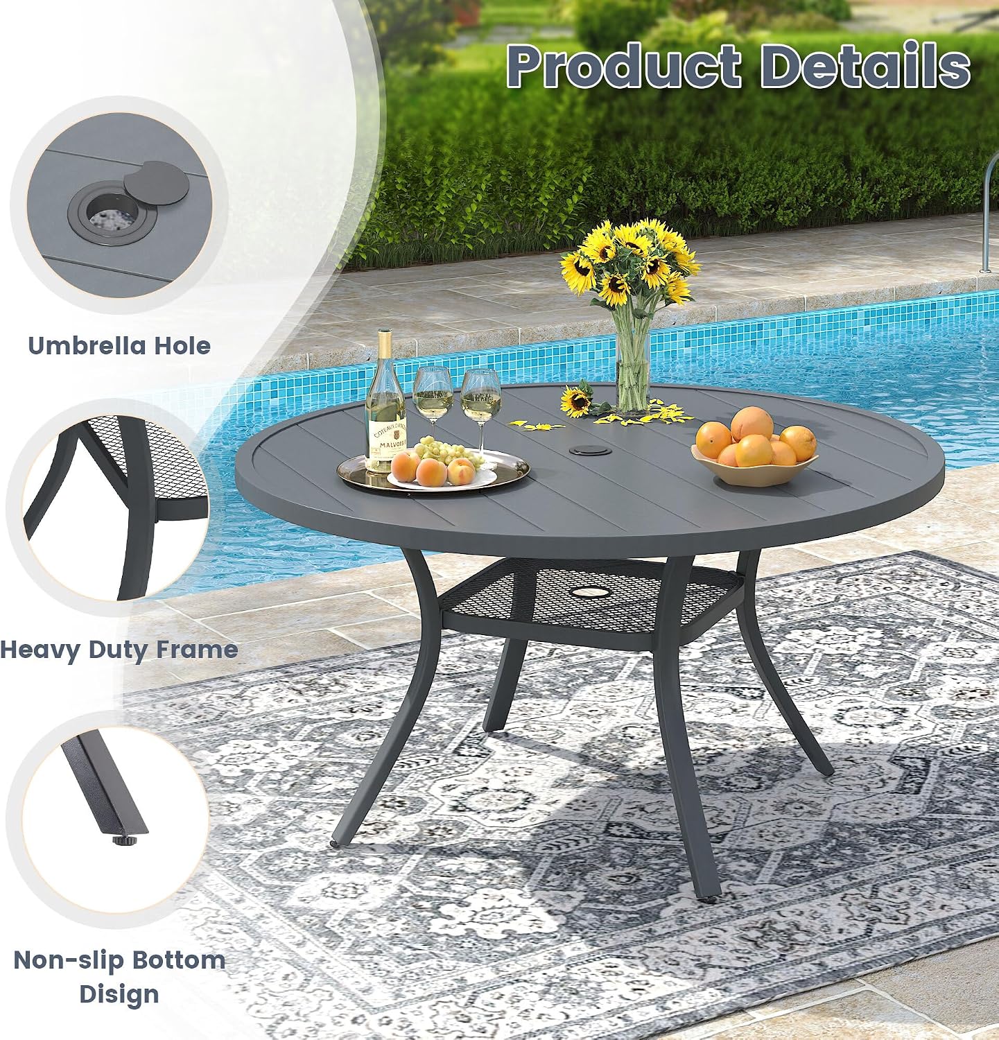 VICLLAX 40.6' Round Metal Outdoor Dining Table for 4, Patio Table with Umbrella Hole and Storage Shelf for Garden, Lawn, Deck, Dark Grey