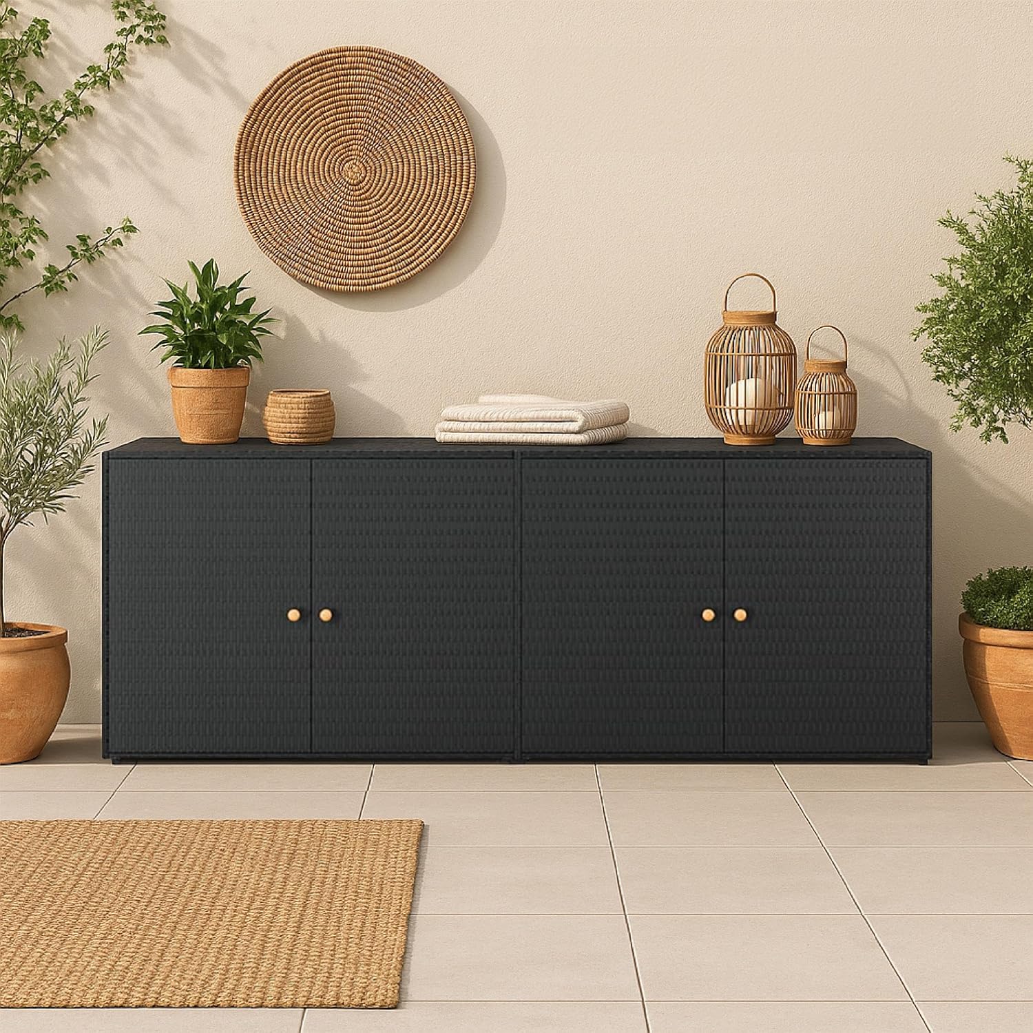 Benjara Elix Outdoor Storage Cabinet Chest- 78' Wide Black Rattan- Brown