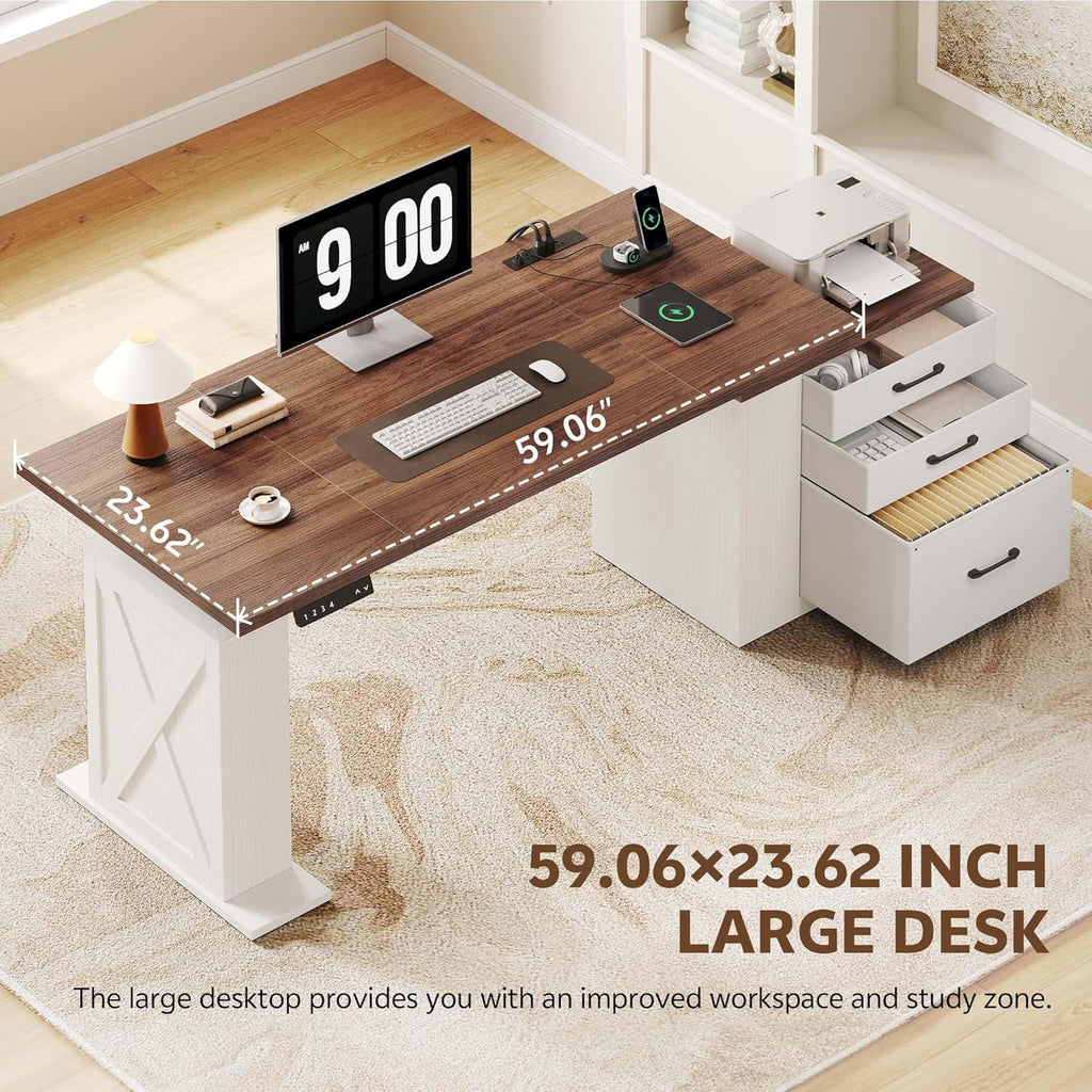 75.5 Inches Electric Standing Desk with Drawers Farmhouse Sit Stand Desk with Storage Adjustable Height Computer Desk with Power Outlets Printer Space for Home Office White and Walnut