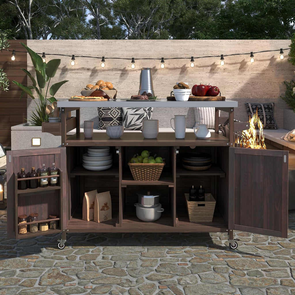 Ball & Cast Outdoor Kitchen Island,Rolling Bar Cart & Storage Cabinet,Farmhouse Solid Wood Outdoor Grill Table with Stainless Steel Top,Spice and Towel Rack,for Kitchen,Barbecue,Dark Brown,50.25'
