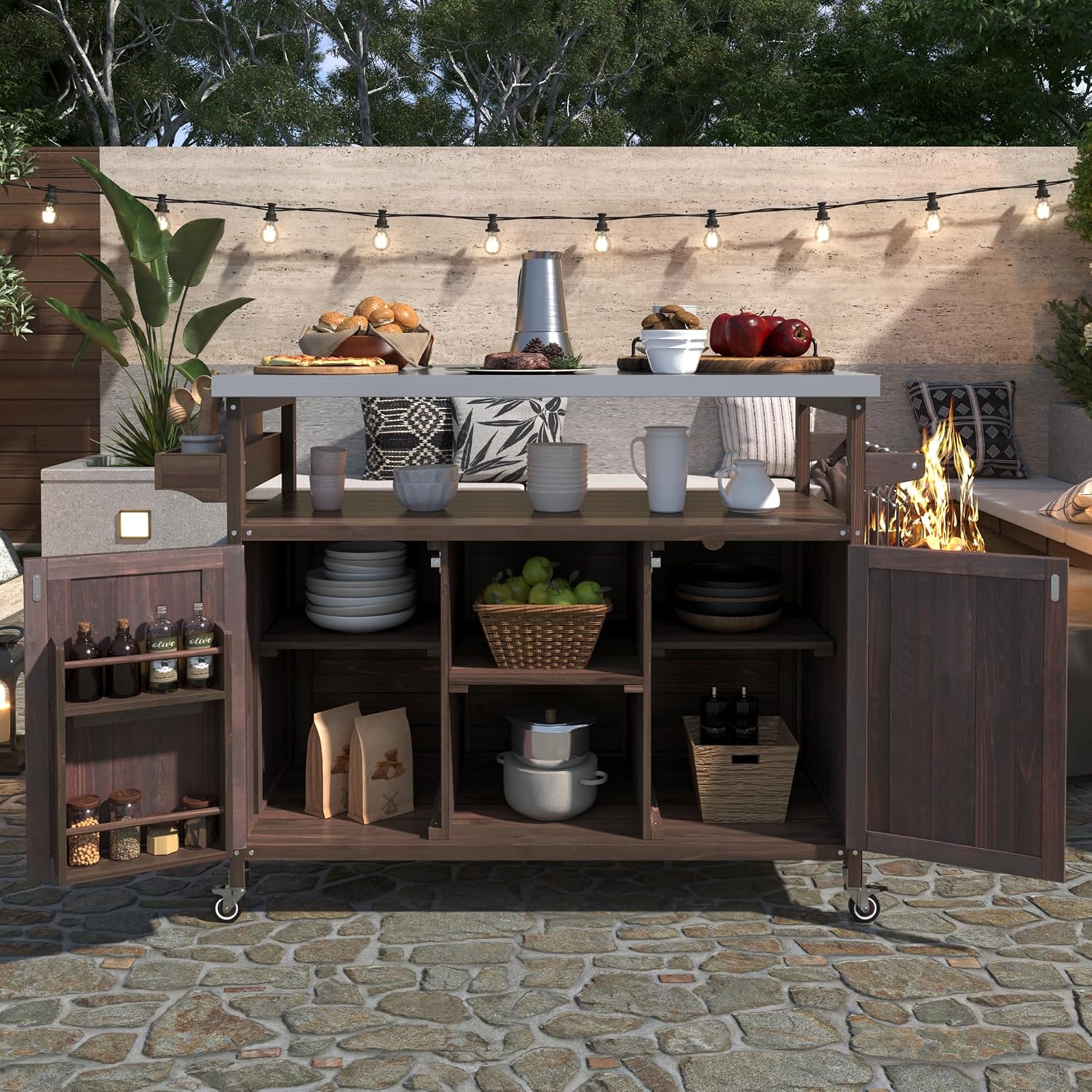 Ball & Cast Outdoor Kitchen Island,Rolling Bar Cart & Storage Cabinet,Farmhouse Solid Wood Outdoor Grill Table with Stainless Steel Top,Spice and Towel Rack,for Kitchen,Barbecue,Dark Brown,50.25'