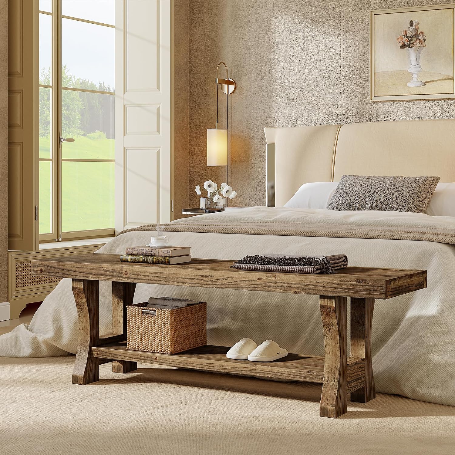 Solid Wood Entryway Bench, 55' End of Bed Bench, Long Indoor Dining Seat for Hallway, Bedroom, Living Room, Dining Room, Easy Assembly, Dark Brown