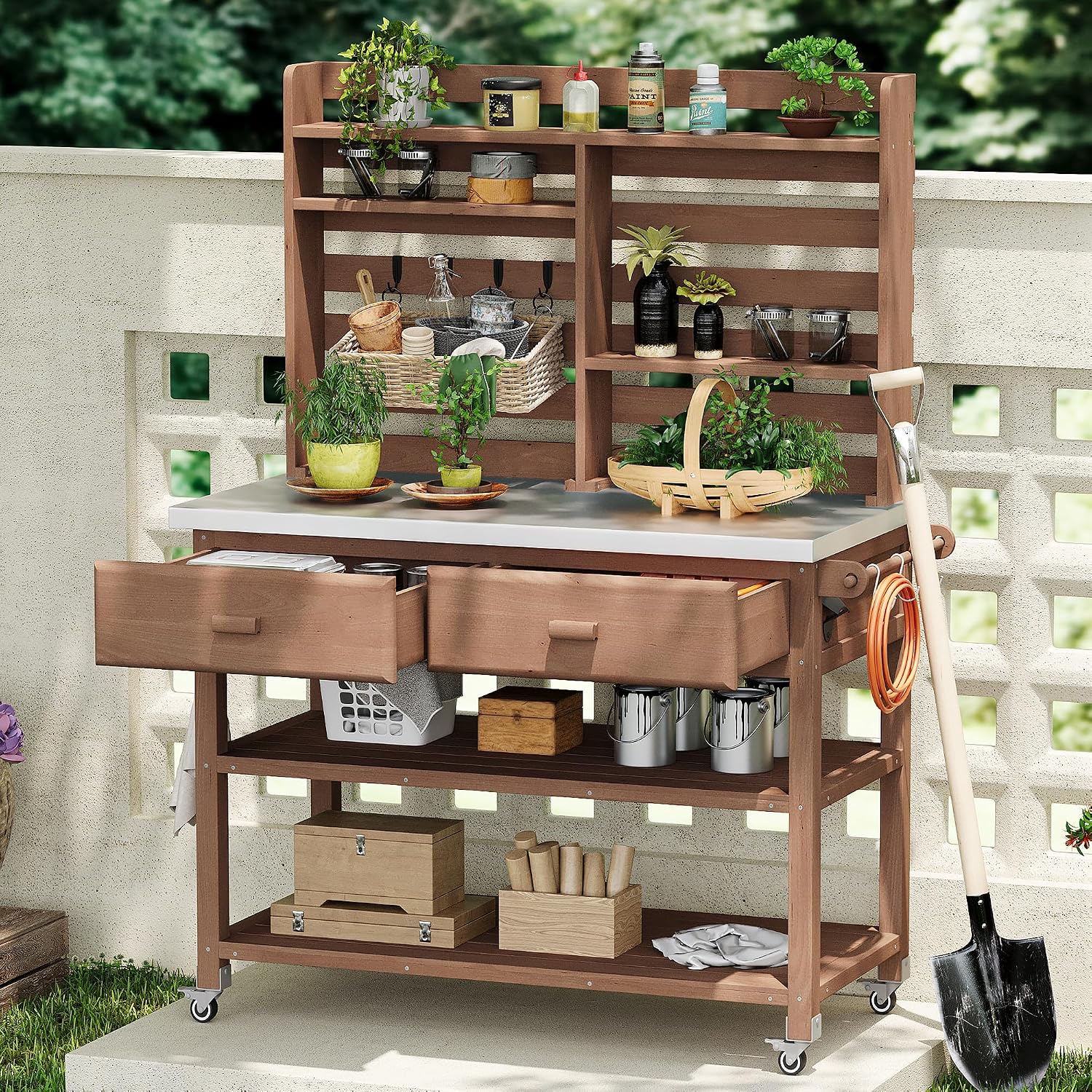 64.9'H Outdoor Potting Bench Table, Outdoor Wood Workstation Table with Lockable Wheels, Stainless Steel Top, Towel Rack, Solid Wood Outdoor Kitchen Island with Upper Hutch for Grilling, Lawn Garden