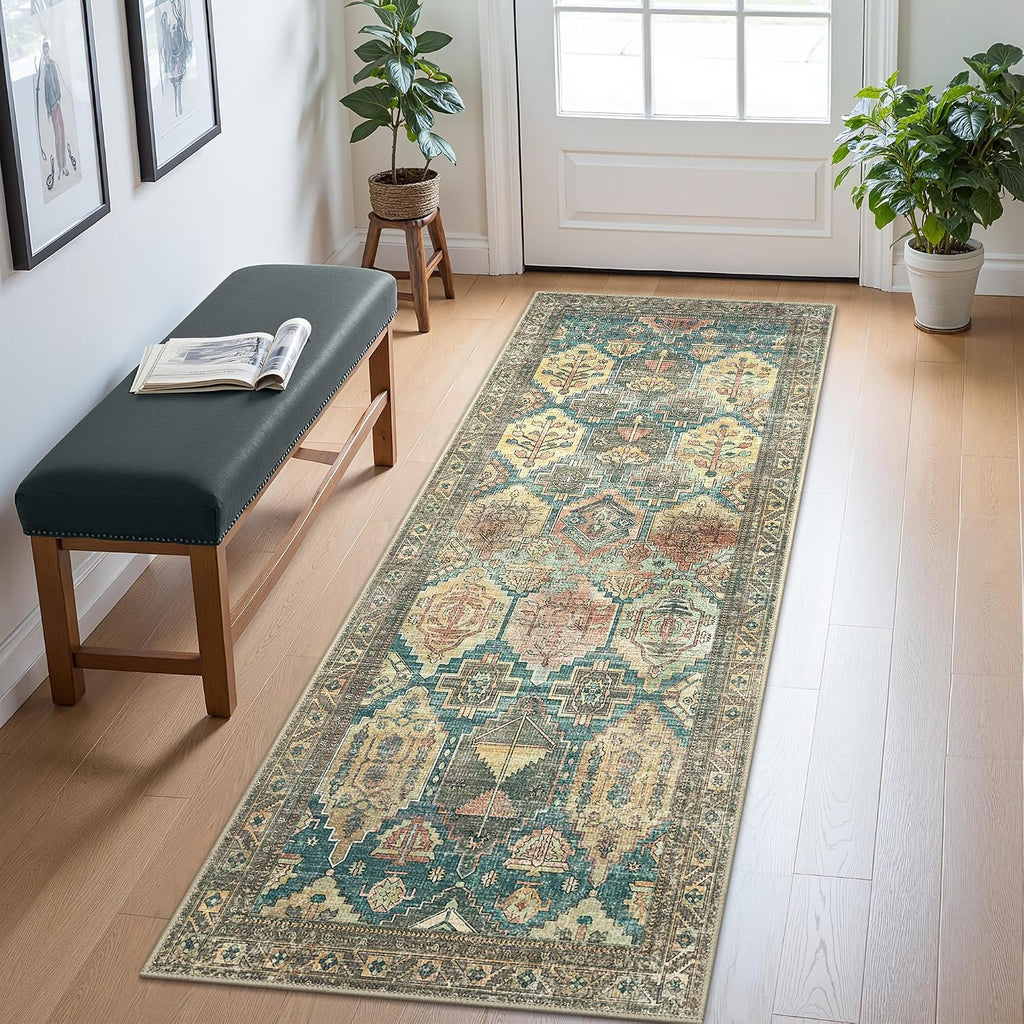 Bavni Washable Rug 8x10 Area Rug for Living Room Bedroom Dining, Washable Vintage Print Carpet, Ultra-Thin Low Pile Lightweight Rug with Non Slip Backing, Multi Green