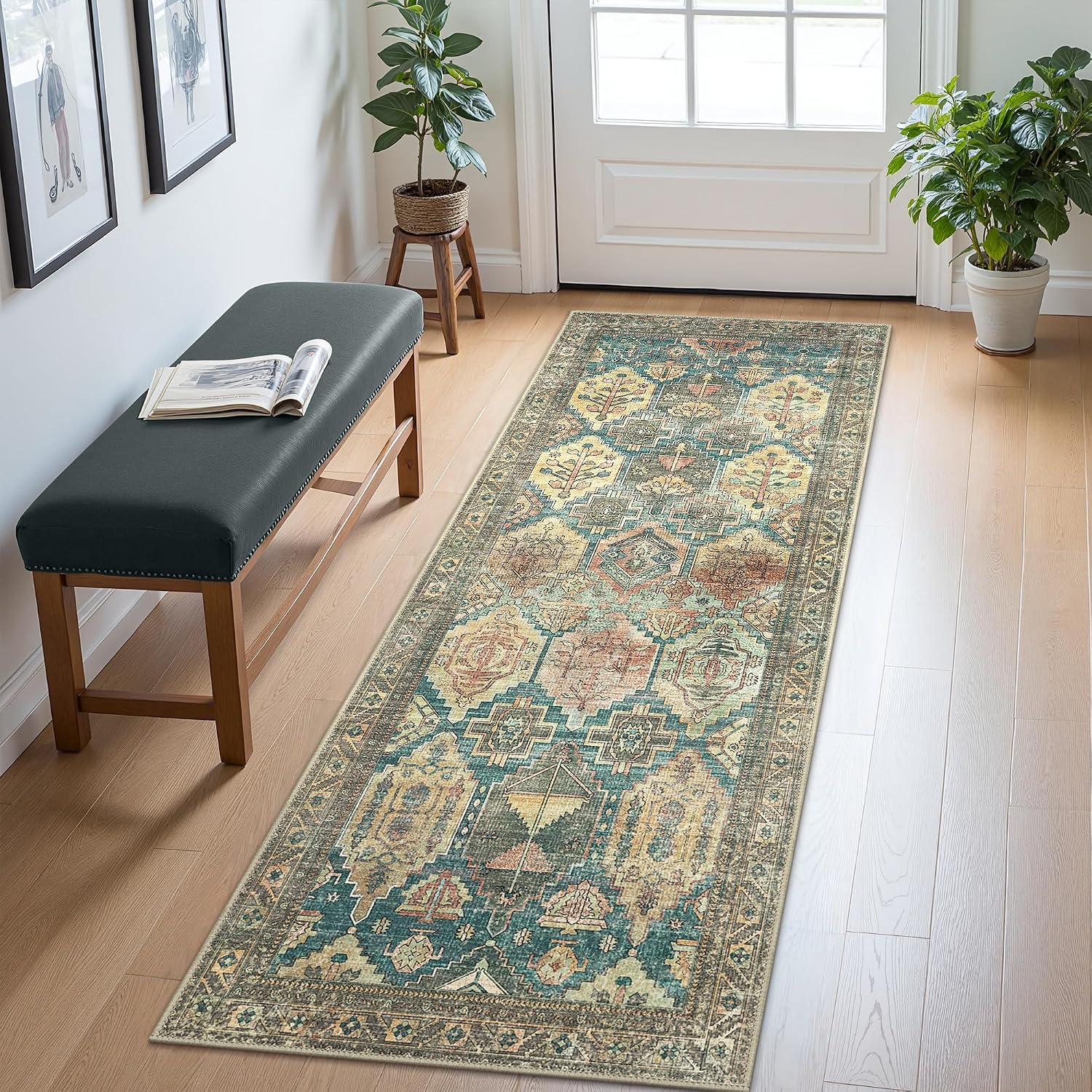 Bavni Washable Rug 8x10 Area Rug for Living Room Bedroom Dining, Washable Vintage Print Carpet, Ultra-Thin Low Pile Lightweight Rug with Non Slip Backing, Multi Green
