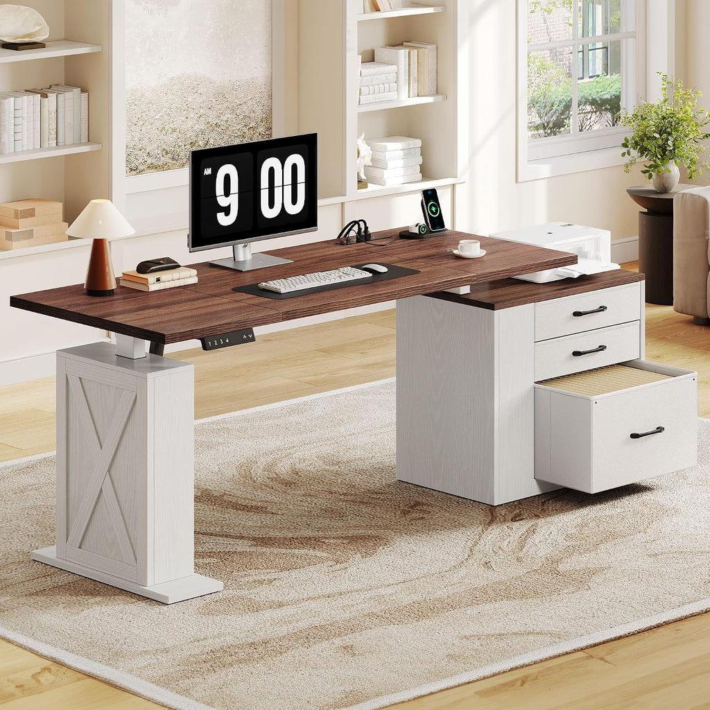 75.5 Inches Electric Standing Desk with Drawers Farmhouse Sit Stand Desk with Storage Adjustable Height Computer Desk with Power Outlets Printer Space for Home Office White and Walnut