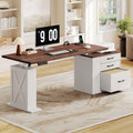 75.5 Inches Electric Standing Desk with Drawers Farmhouse Sit Stand Desk with Storage Adjustable Height Computer Desk with Power Outlets Printer Space for Home Office White and Walnut