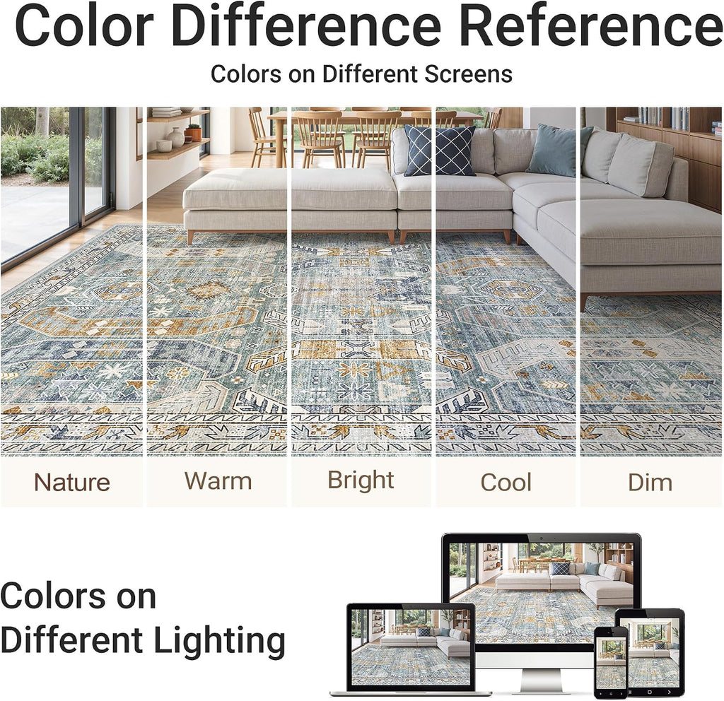 befbee 9x12 Area Rug,Ultra-Thin Washable Rugs for Living Room,Non-Slip Lightweight Foldable Area Rug,Stain Resistant Vintage Large Rugs (Blue/Gold,9'x12')