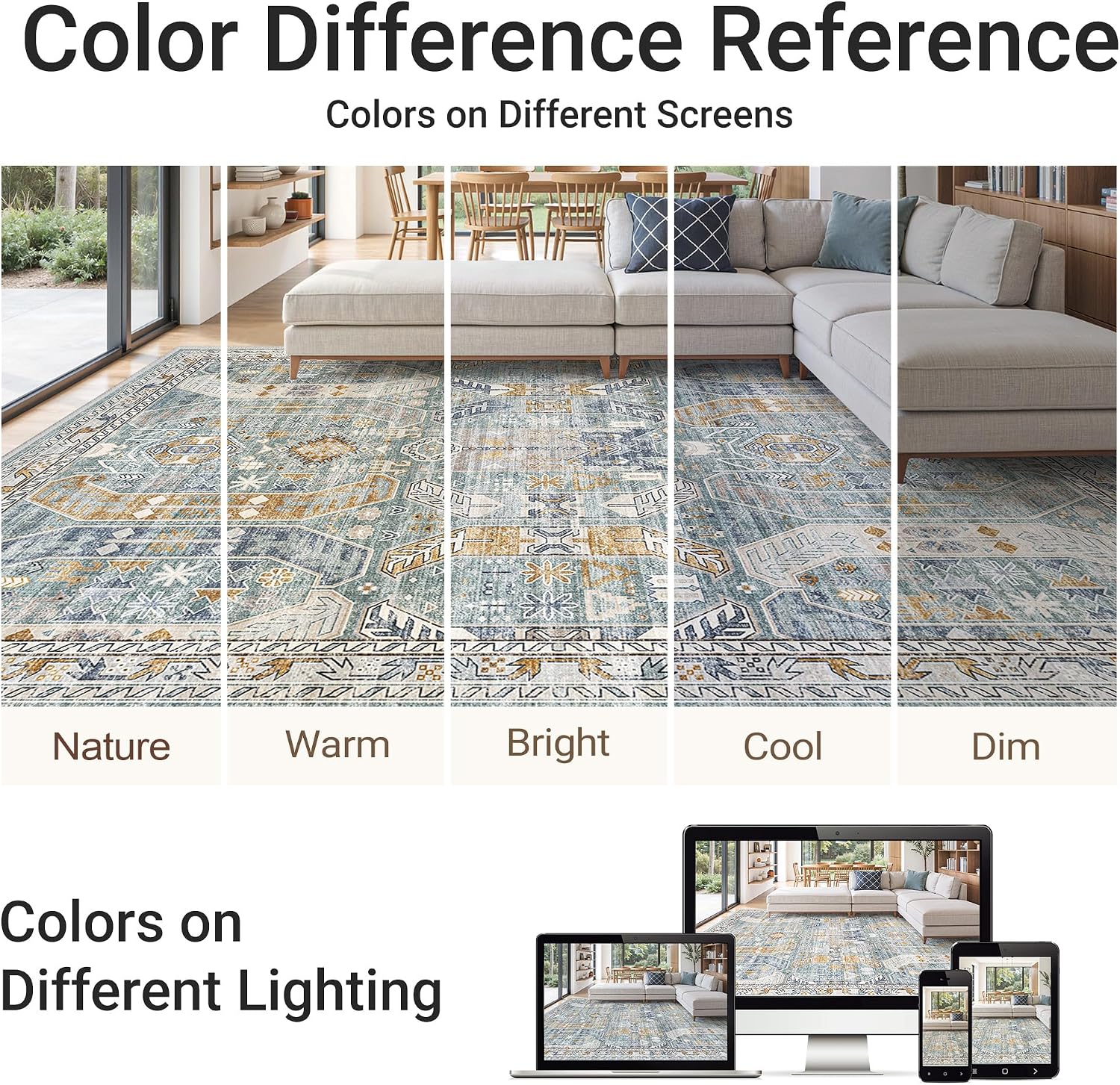 befbee 9x12 Area Rug,Ultra-Thin Washable Rugs for Living Room,Non-Slip Lightweight Foldable Area Rug,Stain Resistant Vintage Large Rugs (Blue/Gold,9'x12')