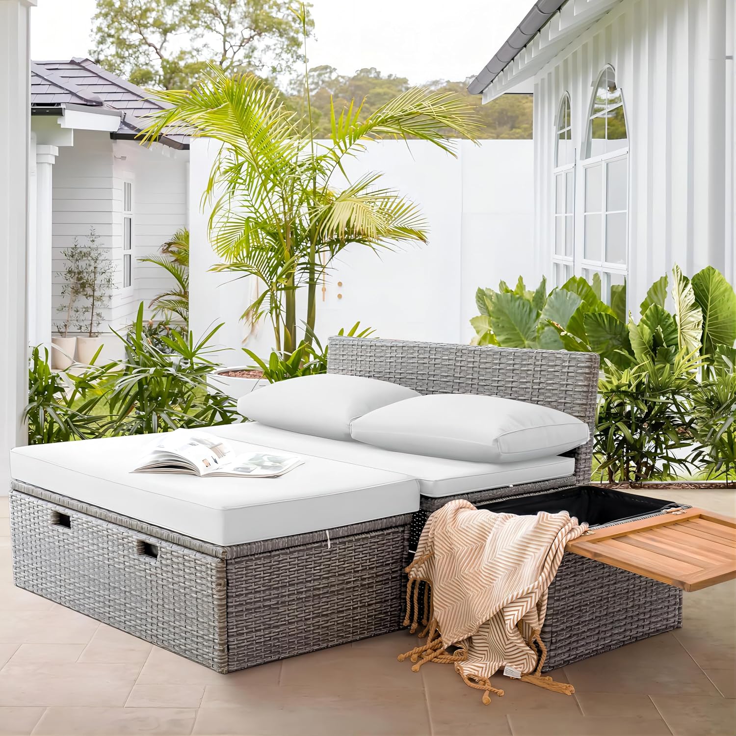 Greesum Outdoor Daybed Set Multifunctional Wicker Lounge Bed Furniture with Two Side Tables, Cushions, Storage Bench for Porch Lawn Patio Beach, OneSize, White
