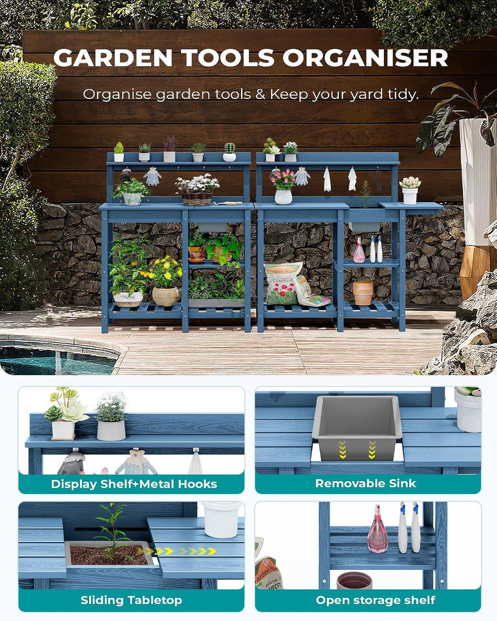 SERWALL Outdoor Potting Bench with Removeable Sink,Rot-Resistant HDPE Potting Table for Outside Gardening, All Weather Use - Blue