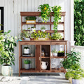 66' Large Outdoor Farmhouse Wooden Potting Bench Table, Garden Workstation with 2 Drawers, Cabinet and Open Shelves for Backyard, Mudroom, Brown