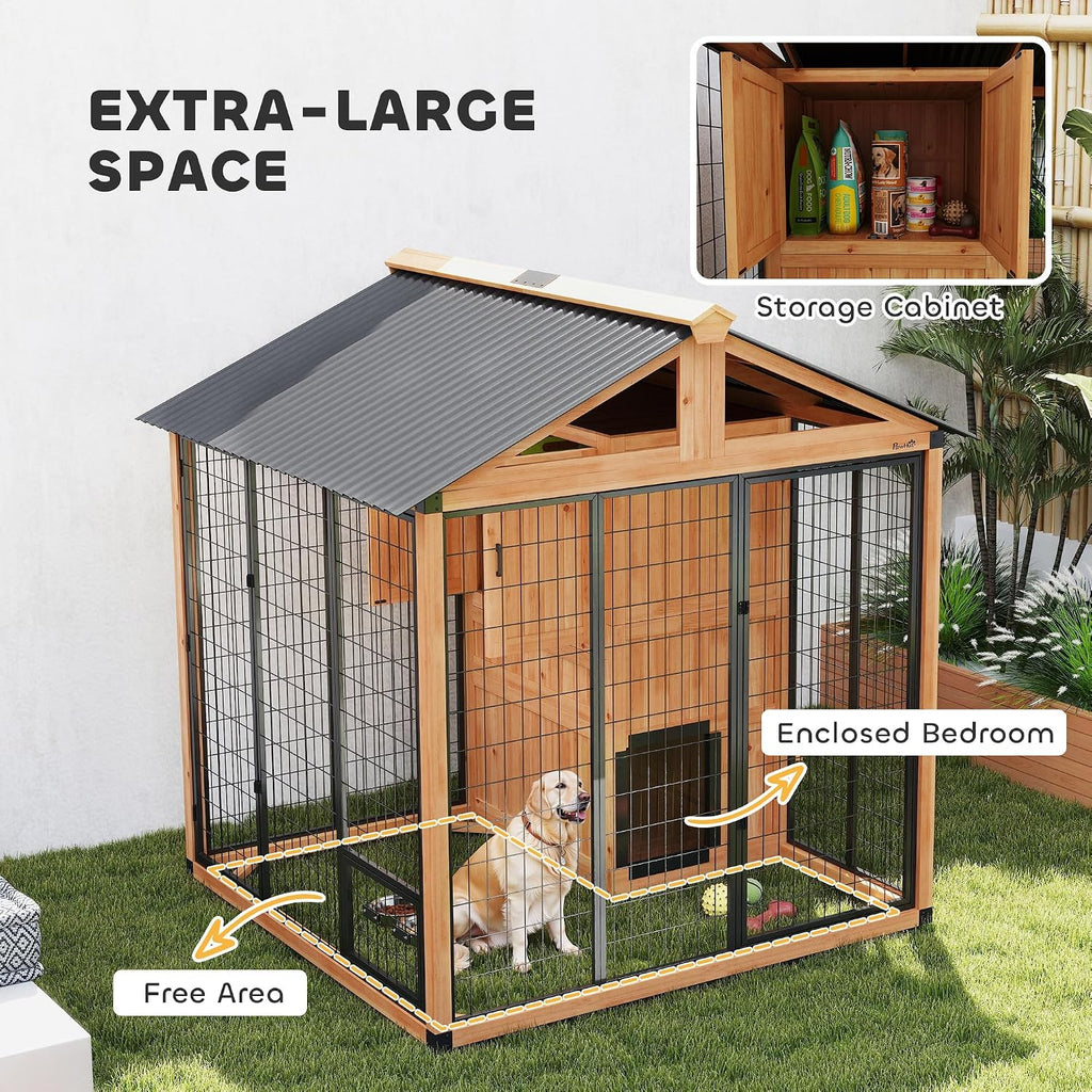 PawHut 7' x 6' Extra Large Outdoor Dog Kennel, Walk-in Wood Dog House with Internal Storage Cabinet, Pet Shelter with Waterproof Roof, Stainless Steel Bowls, Feeding Door for Large Breeds, Yellow