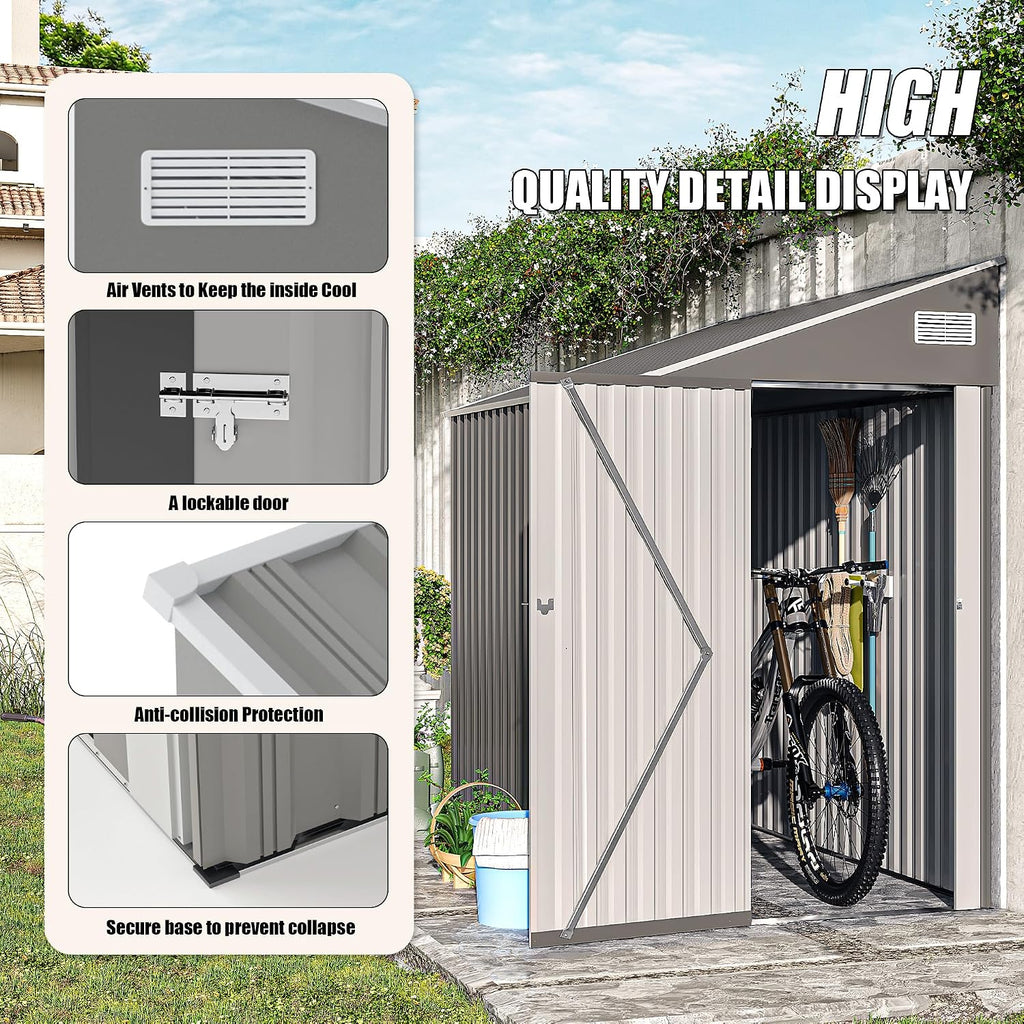 YOPTO 4×8 FT Outdoor Metal Storage Shed,Heavy-Duty Lean to Storage Shed with Lockable Single Side Hinge Door,Waterproof Metal Storage Tool House W/Sloping Roof,Air Vent&Protect Film,for Backyard,Gray