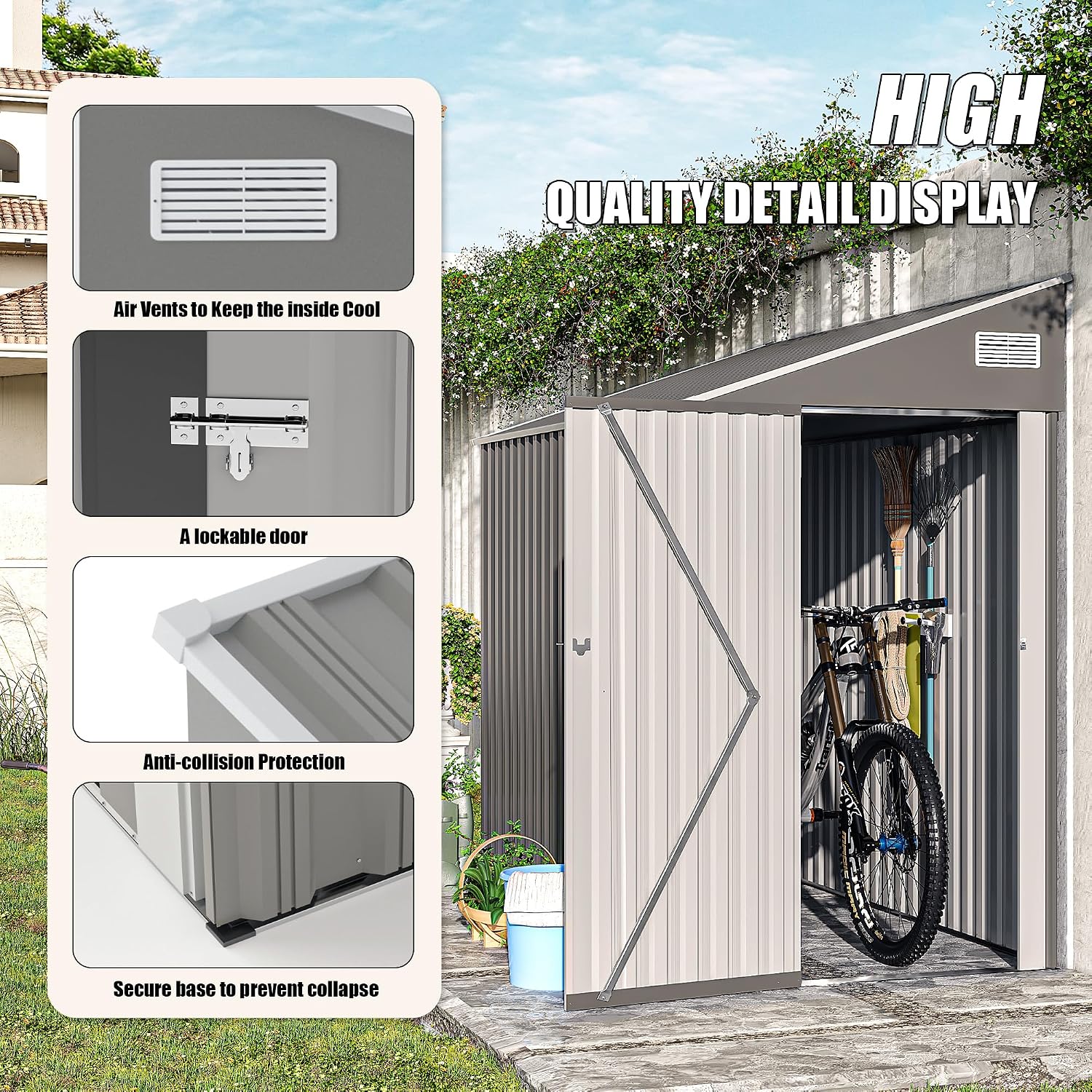 YOPTO 4×8 FT Outdoor Metal Storage Shed,Heavy-Duty Lean to Storage Shed with Lockable Single Side Hinge Door,Waterproof Metal Storage Tool House W/Sloping Roof,Air Vent&Protect Film,for Backyard,Gray