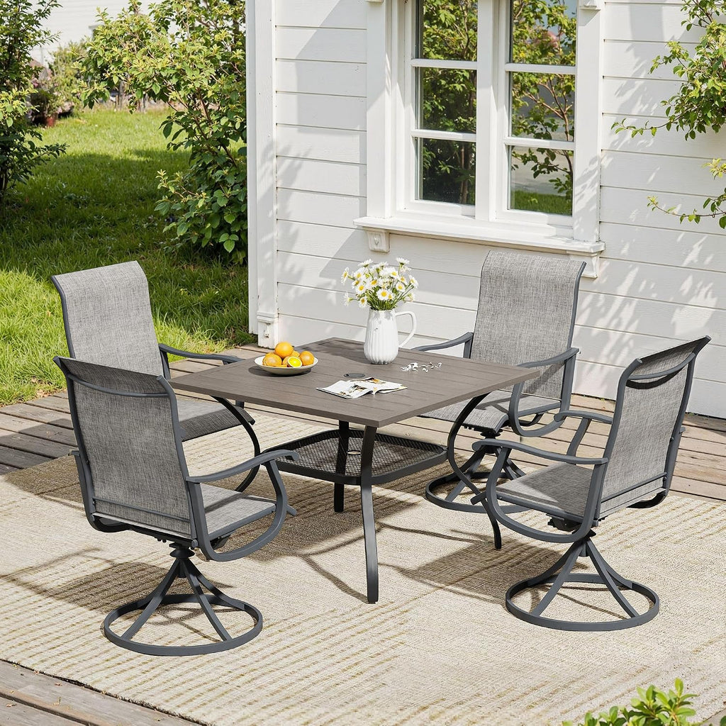VICLLAX 5 Pieces Patio Dining Set, Patio Furniture Set of 4 Patio Swivel Dining Chairs and Square Patio Table with Storage Shelf for Backyard Lawn Garden, Grey Chairs & Antique Grey Tabletop