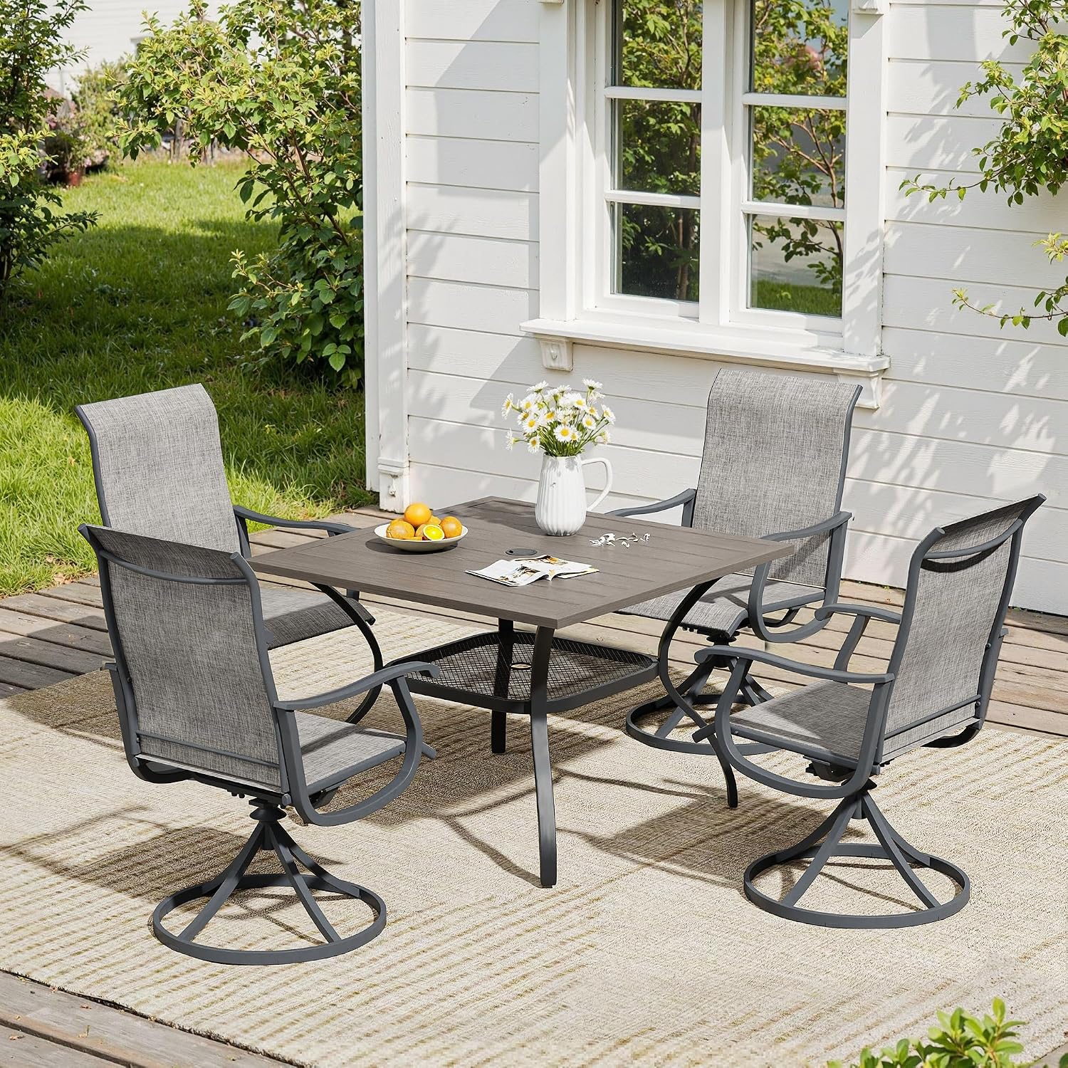 VICLLAX 5 Pieces Patio Dining Set, Patio Furniture Set of 4 Patio Swivel Dining Chairs and Square Patio Table with Storage Shelf for Backyard Lawn Garden, Grey Chairs & Antique Grey Tabletop