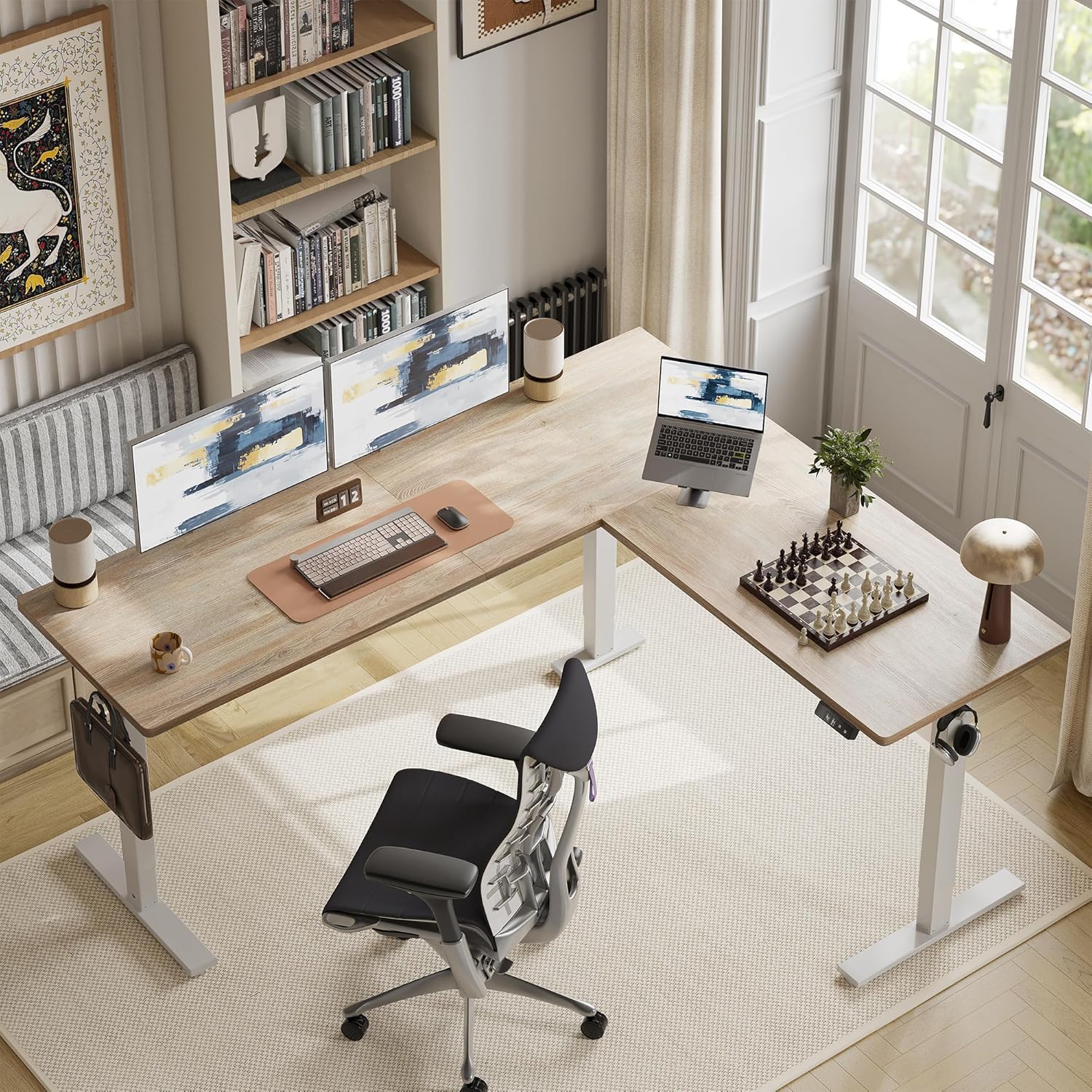 TIQLAB 75 x 61 inch Executive L Shaped Standing Desk Adjustable Height, Electric Corner Standing Desk, Sit Stand Computer Table with Splice Board, Maple