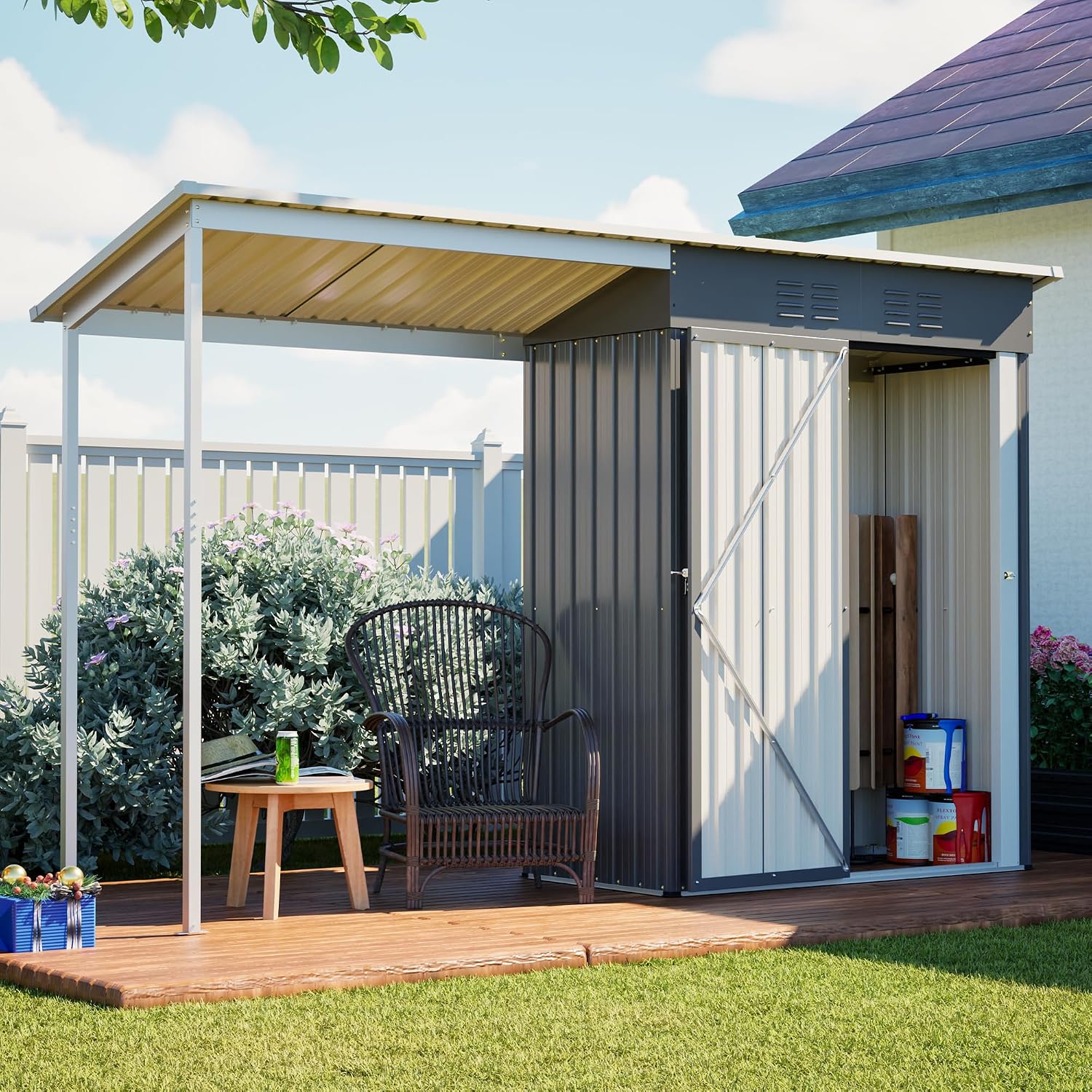 YOPTO 5×3 FT Outdoor Storage Shed & Gazebo Combo,Lean to Metal Tool Shed with Open Pergola,All-Weather 2-in-1 Garden Shed & Gazebo W/Sloping Roof and Lockable Door,for Backyard,Patio,Lawn(Gray)