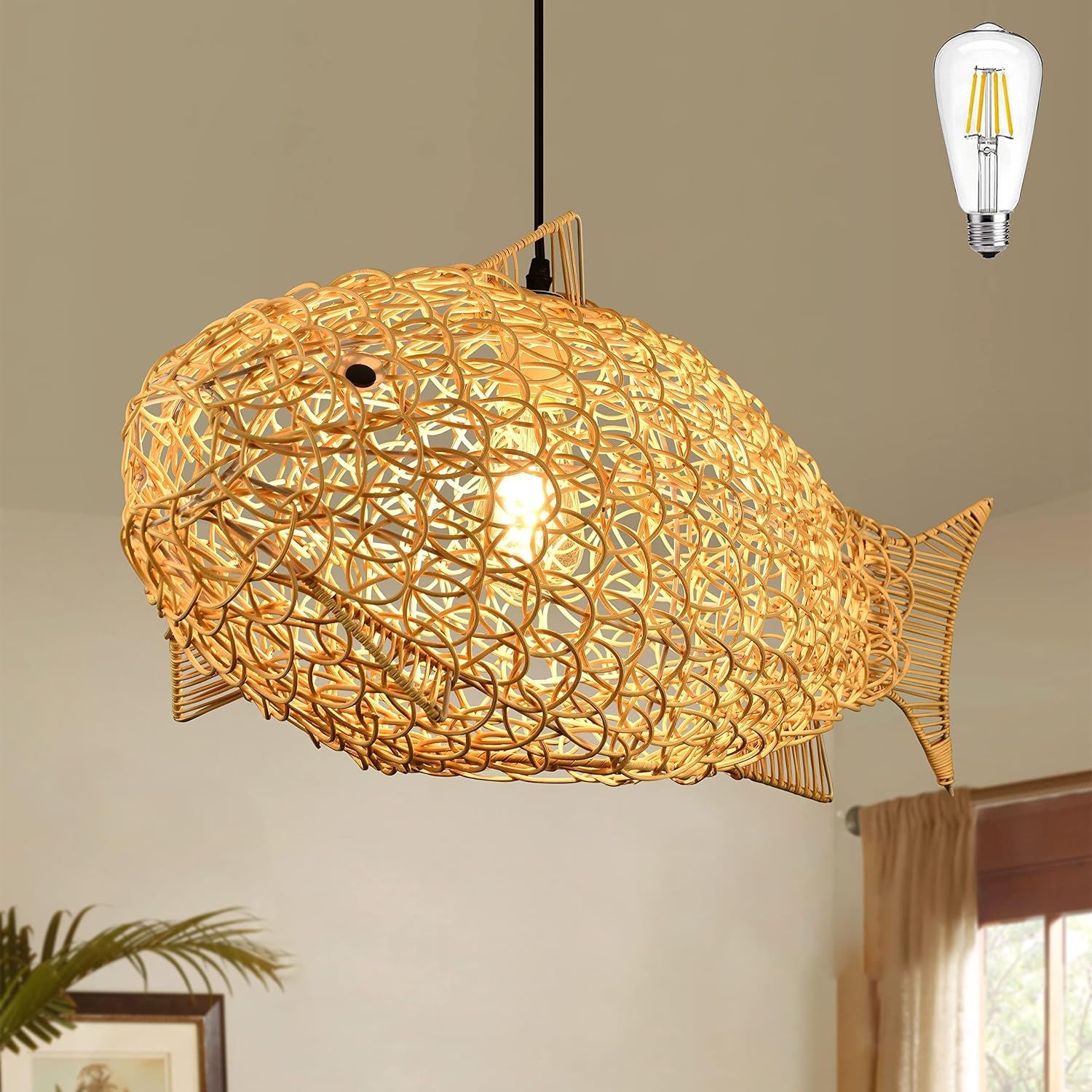 24 inch Fish-Shaped Rattan Woven Pendant Light Boho Chandelier Rustic Farmhouse Chandelier Rattan Light Fixture for Dining Room Living Room Bedroom Kitchen Foyer(Bulb Included)