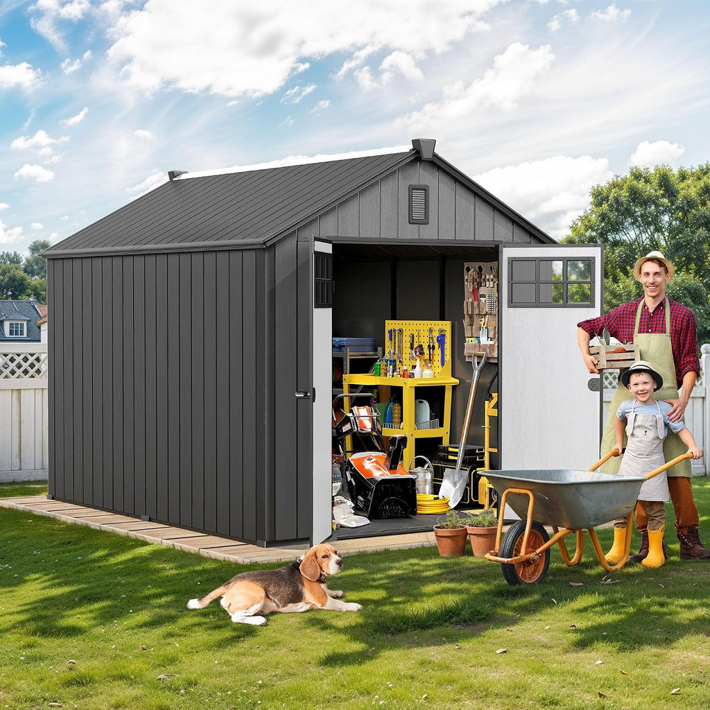 DWVO 8x10 FT Outdoor Storage Shed, 544 cuft Plastic Storage Shed with Floor & Lockable Door, All-Weather Tool Garden Shed with Window & Vent for Patio Furniture, Lawn Mower, Bike, Pool Supplies, Gray