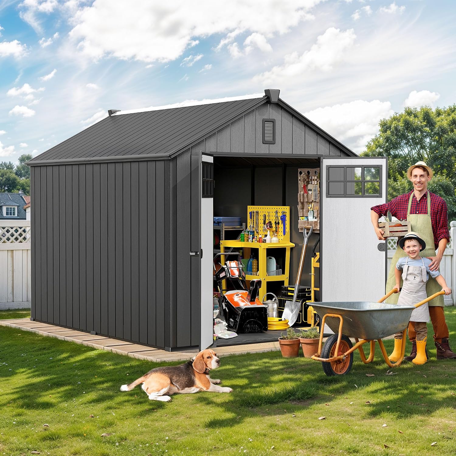 DWVO 8x10 FT Outdoor Storage Shed, 544 cuft Plastic Storage Shed with Floor & Lockable Door, All-Weather Tool Garden Shed with Window & Vent for Patio Furniture, Lawn Mower, Bike, Pool Supplies, Gray
