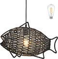 19 Inch Black Rattan Pendant Lights Boho Light Fixture Fish-Shaped Wicker Pendant Light Woven Pendant Light Hemp Rope Light for Dining Room Living Room Bedroom Kitchen Foyer(Bulb Included)