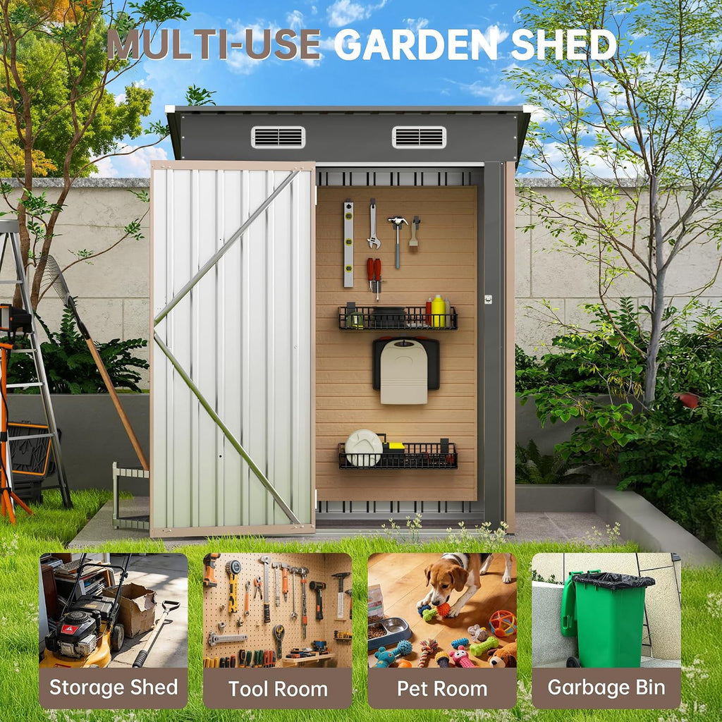 Lockable Metal Garden Shed, 5x2.5 FT Outdoor Metal Storage Sheds Multi-Used, Vertical Outdoor Steel Storage Sheds, Compact Metal Tool