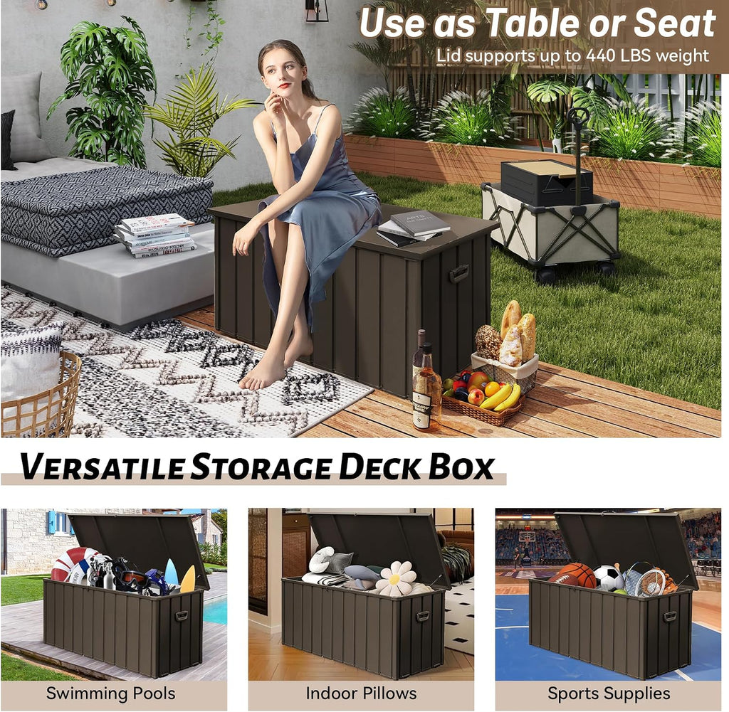 100 Gallon Metal Outdoor Storage Box, Deck Box Waterproof, Outside Steel Storage Lockable Cabinet, Indoor Storage Bin Container for Patio/Poolside/Backyard Cushions, Pillow -Brown